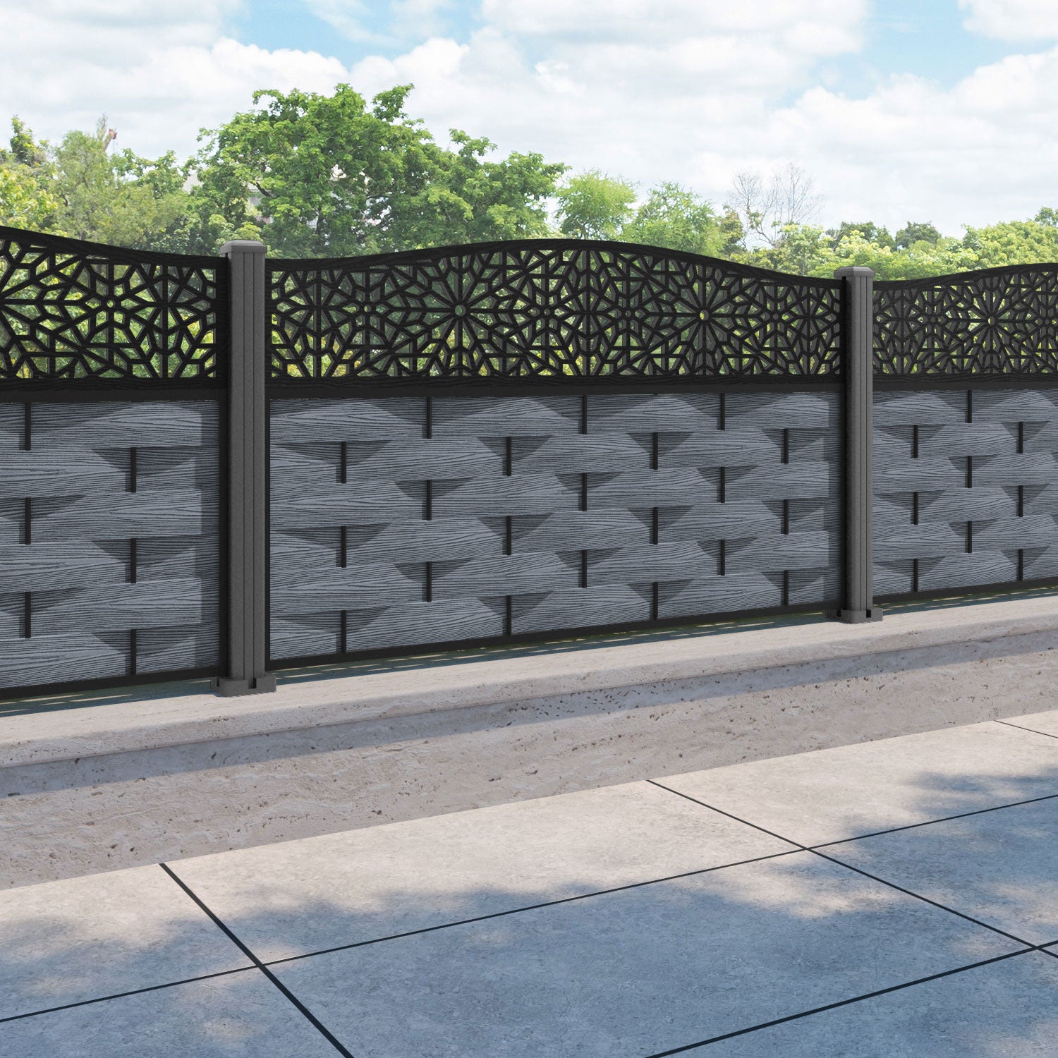 Ripple Alnara Curved Top Fence Panel - Anthracite - with our aluminium posts