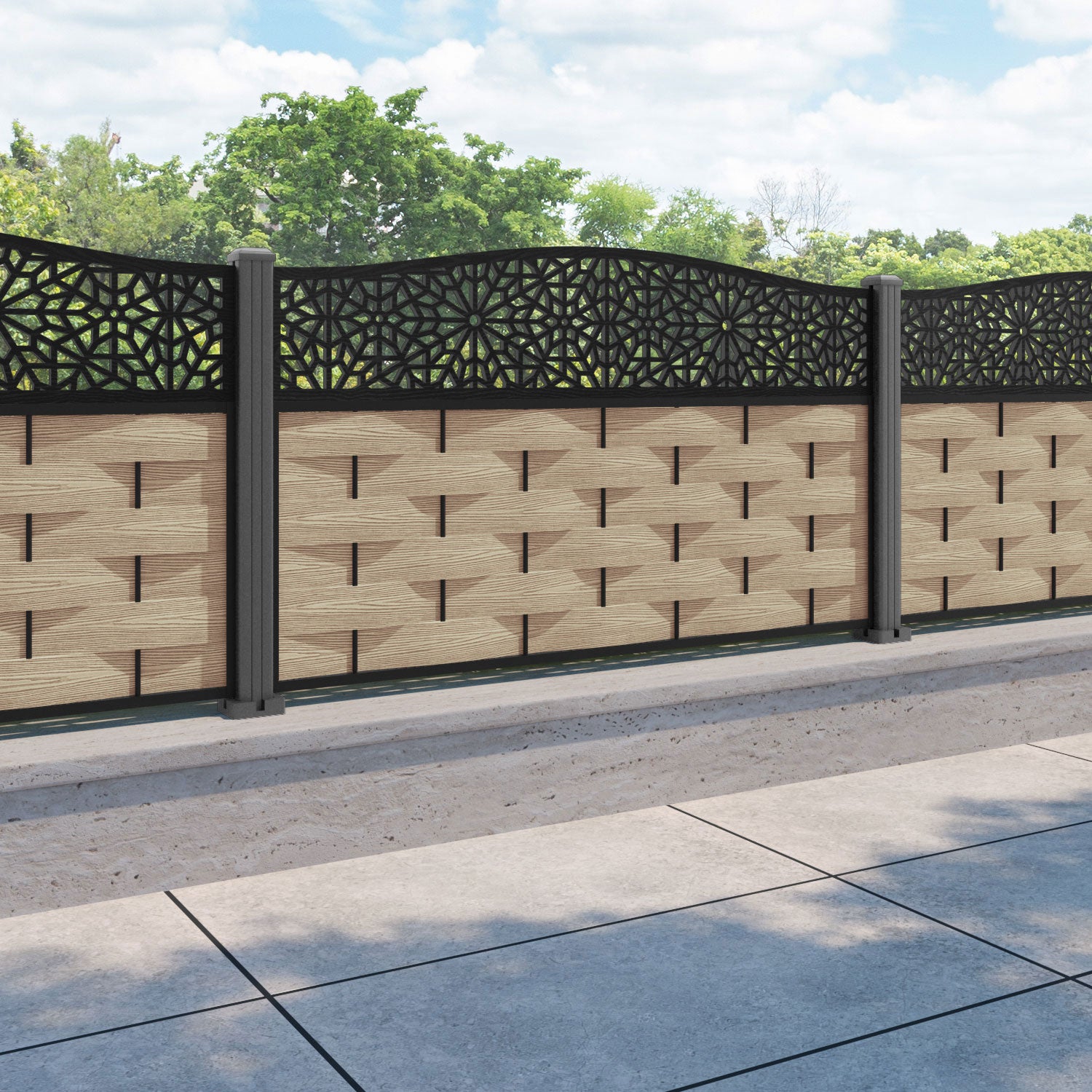 Ripple Alnara Curved Top Fence Panel - Light Oak - with our aluminium posts