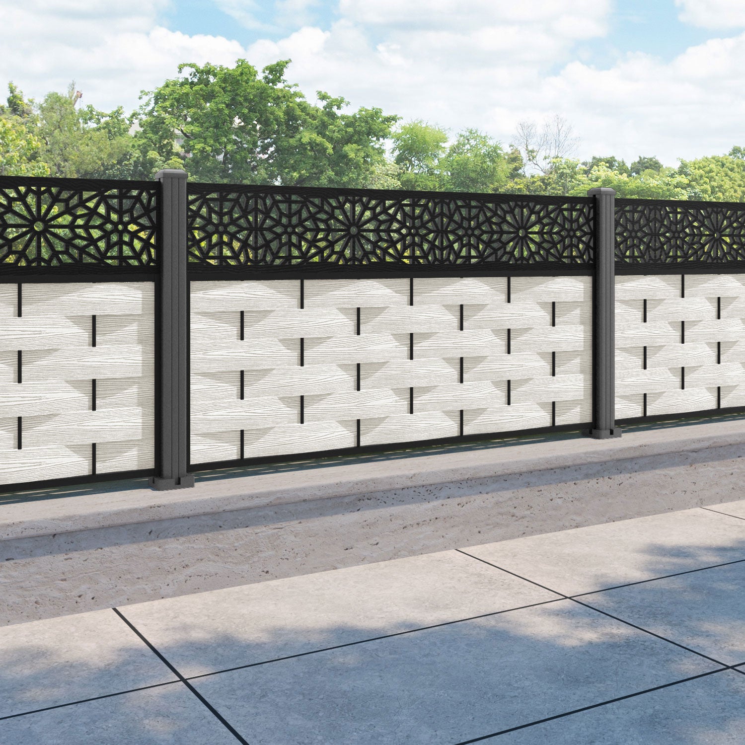 Ripple Alnara Fence Panel - Light Stone - with our aluminium posts