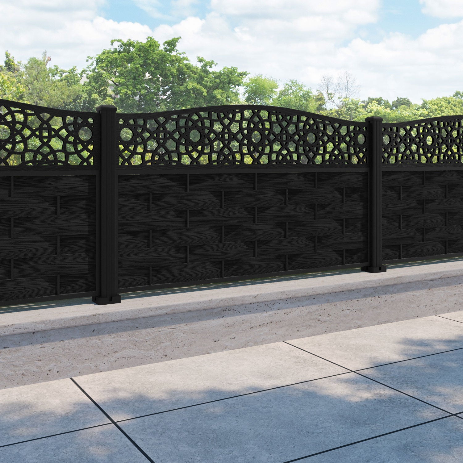 Ripple Ambar Curved Top Fence Panel - Black - with our aluminium posts