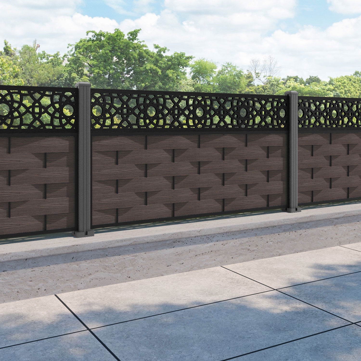 Ripple Ambar Fence Panel - Mid Brown - with our aluminium posts