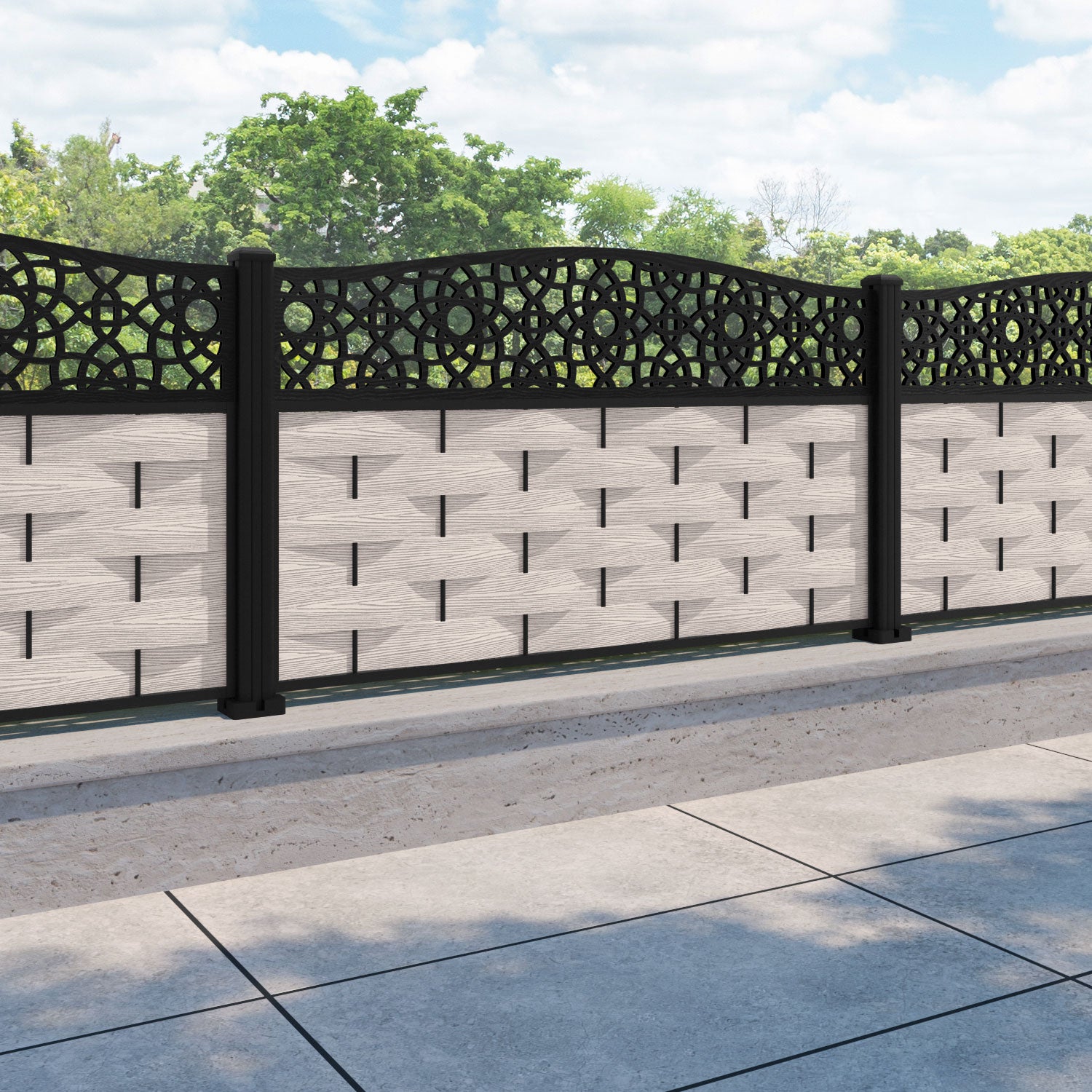 Ripple Ambar Curved Top Fence Panel - Mid Stone - with our aluminium posts