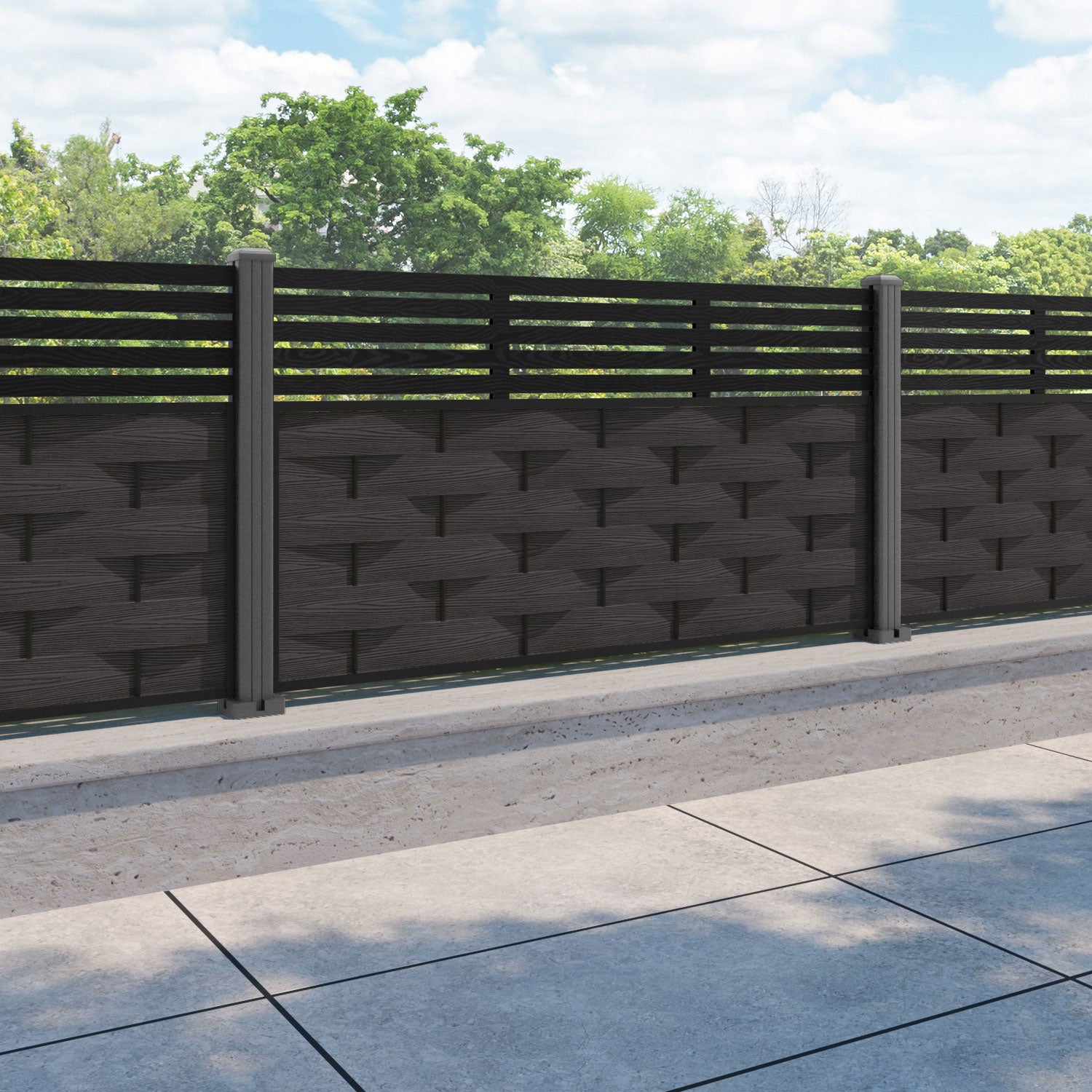 Ripple Aspen Fence Panel - Dark Oak - with our aluminium posts