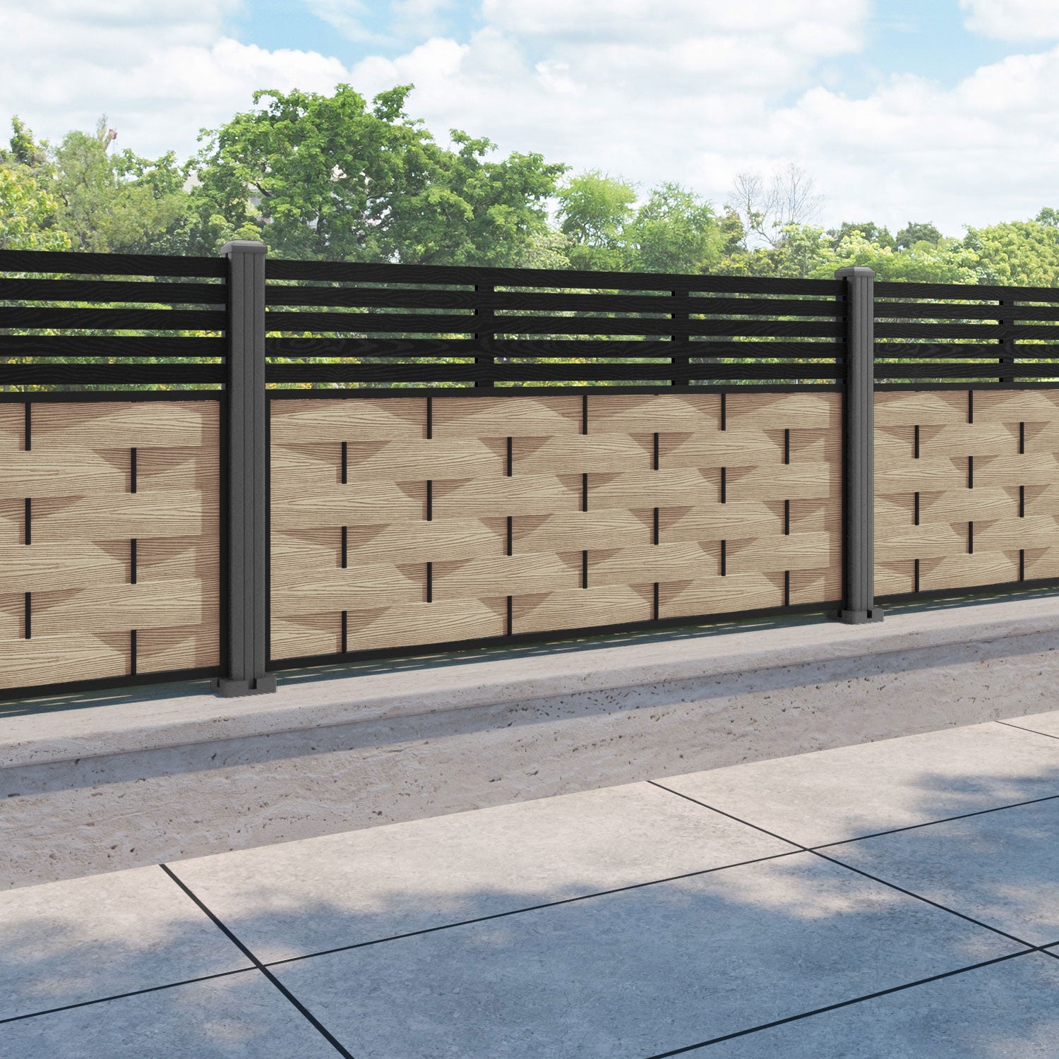 Ripple Aspen Fence Panel - Light Oak - with our aluminium posts