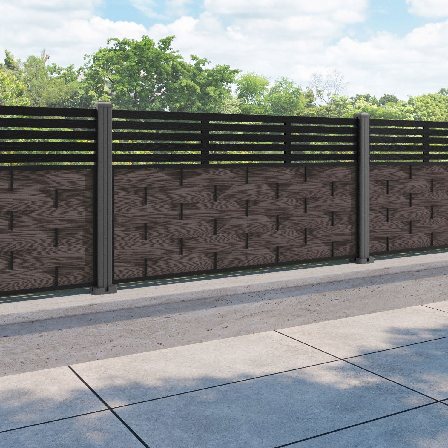 Ripple Aspen Fence Panel - Mid Brown - with our aluminium posts