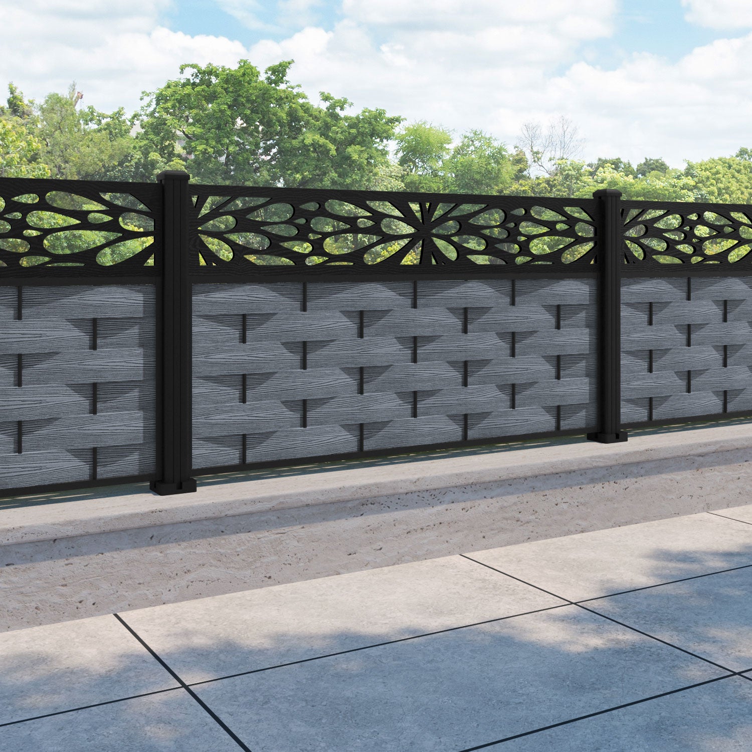 Ripple Blossom Fence Panel - Anthracite - with our aluminium posts