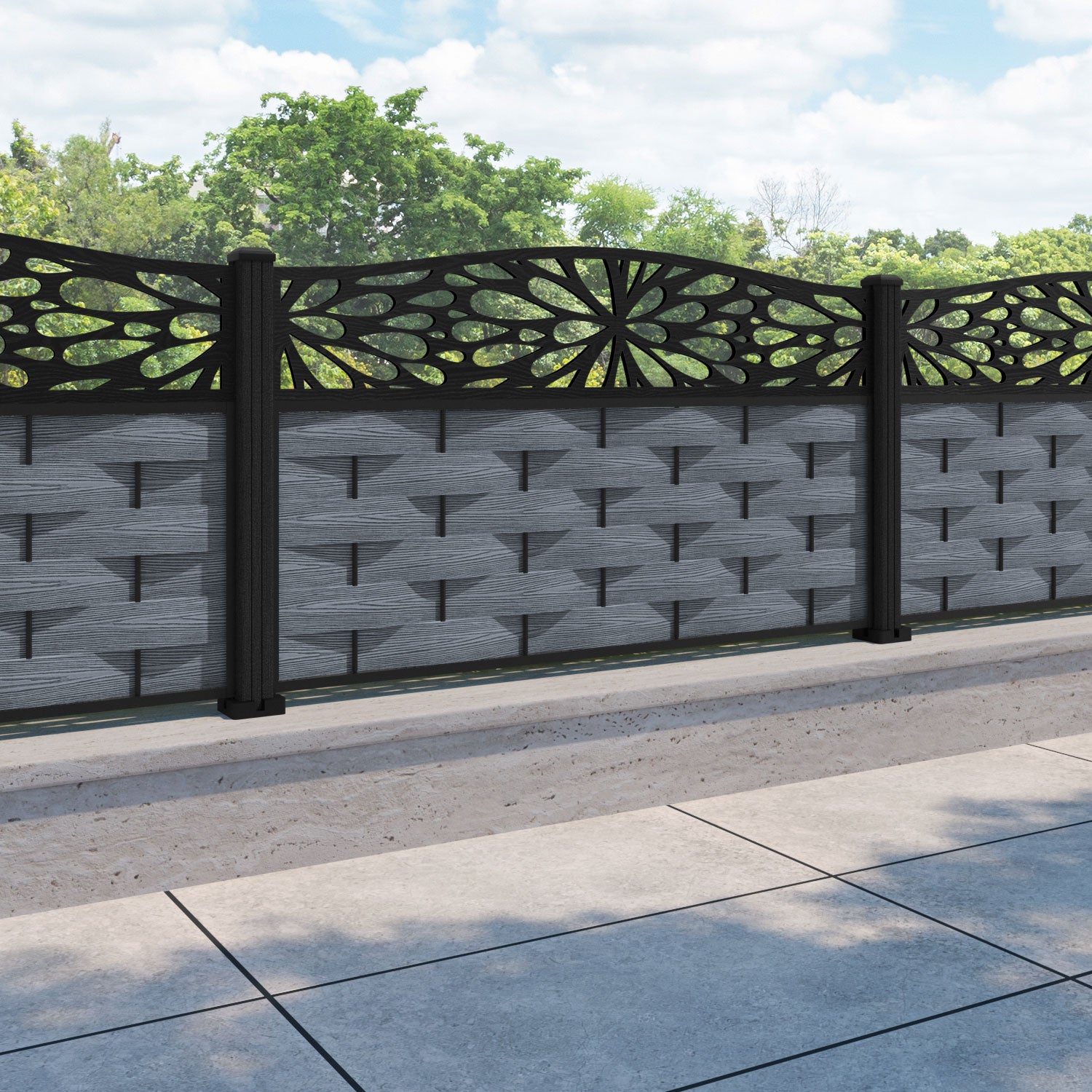 Ripple Blossom Curved Top Fence Panel - Anthracite - with our composite posts