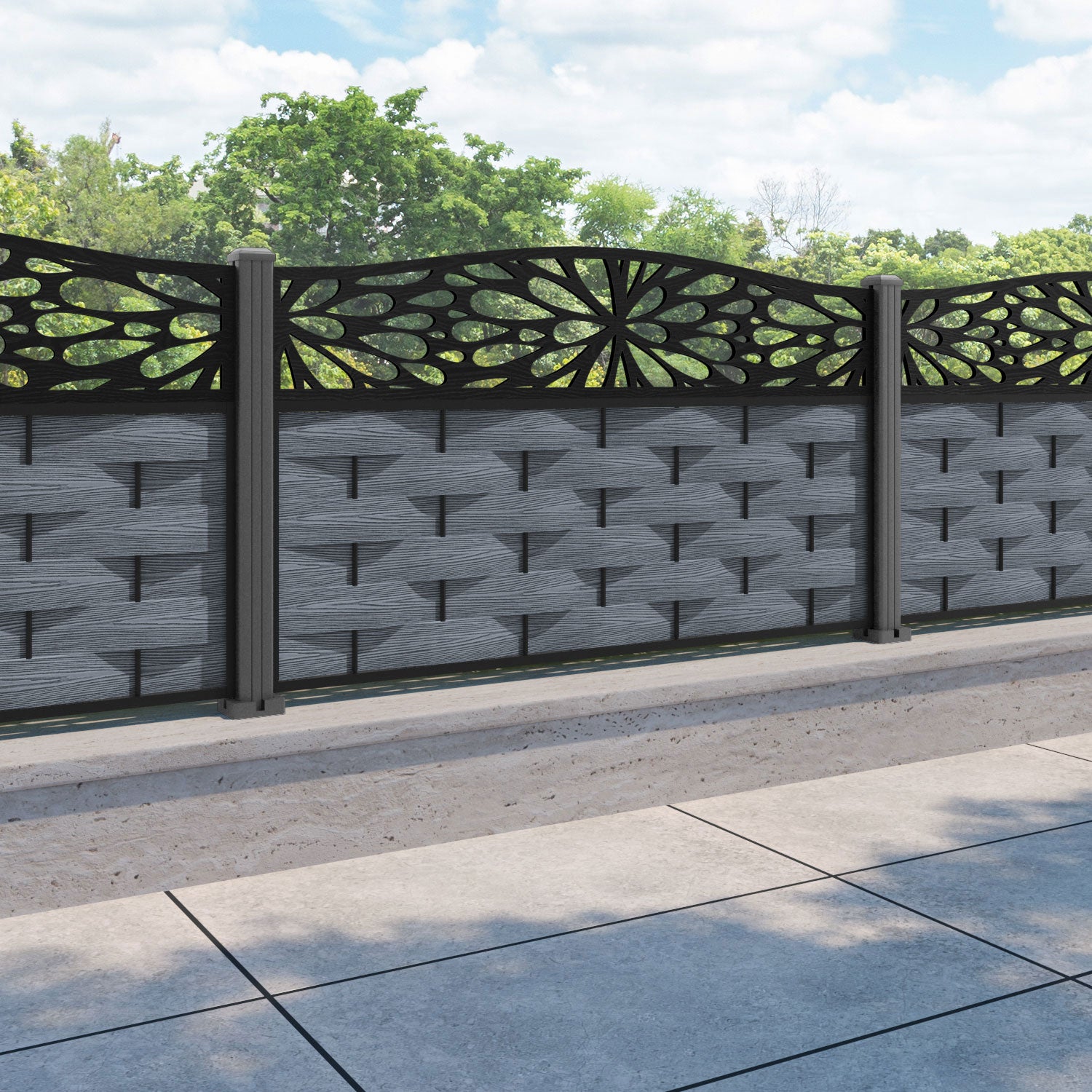 Ripple Blossom Curved Top Fence Panel - Anthracite - with our aluminium posts