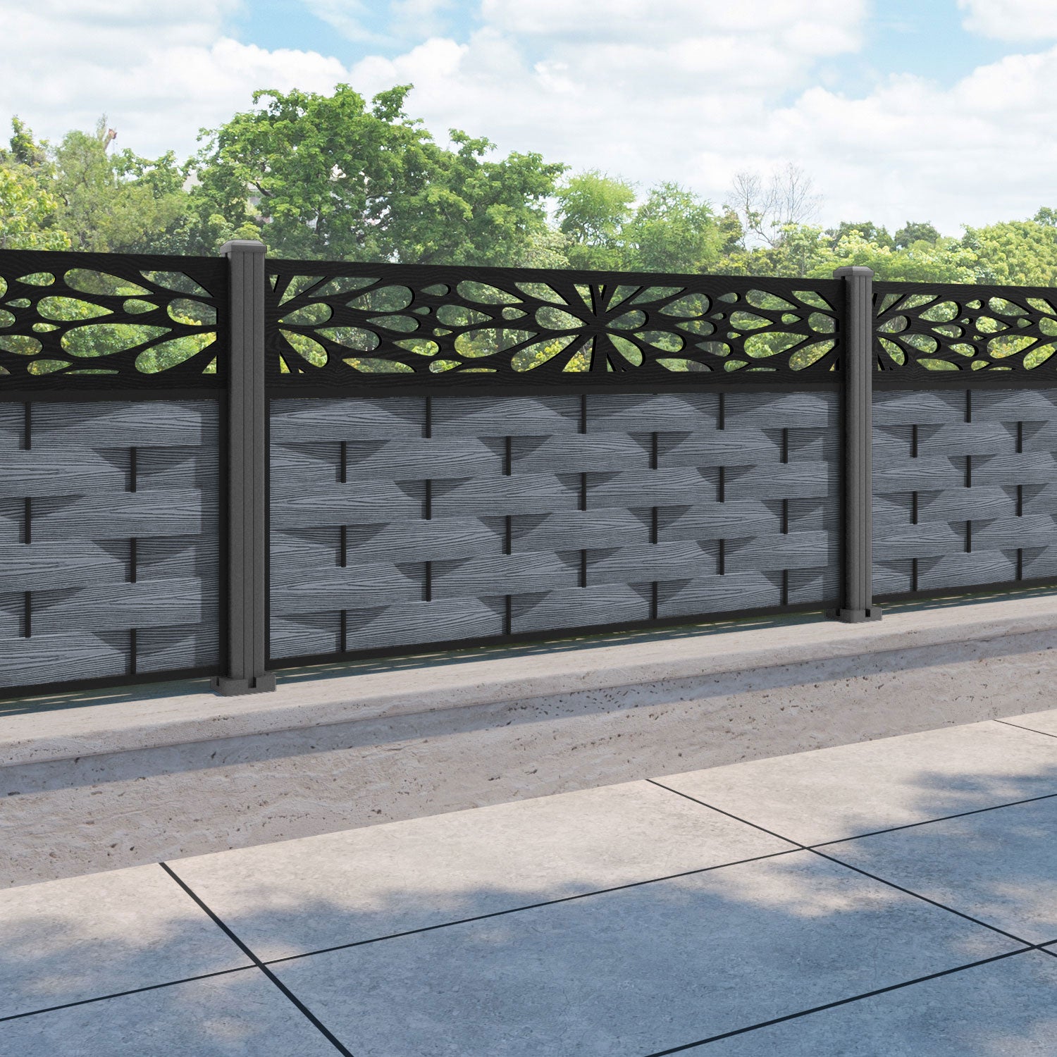 Ripple Blossom Fence Panel - Anthracite - with our aluminium posts