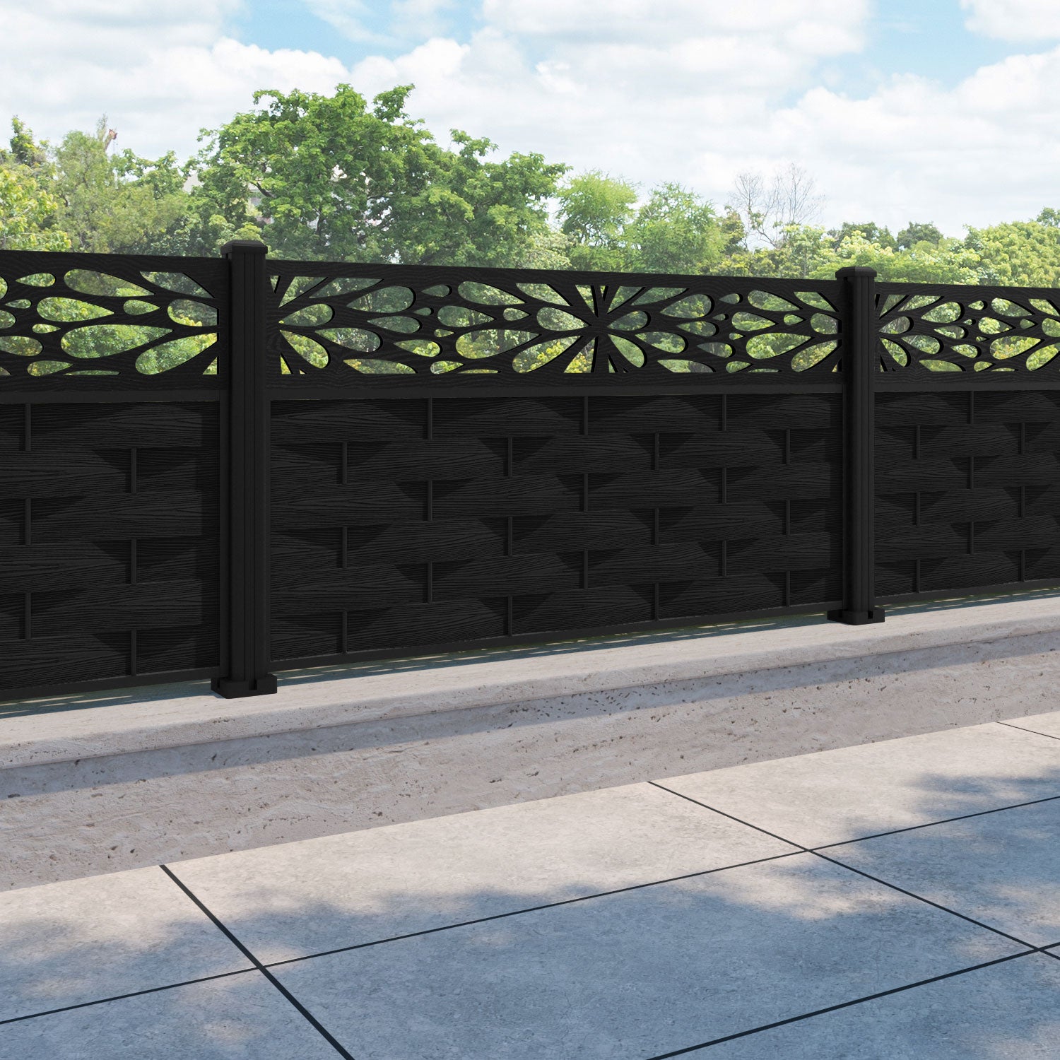 Ripple Blossom Fence Panel - Black - with our aluminium posts