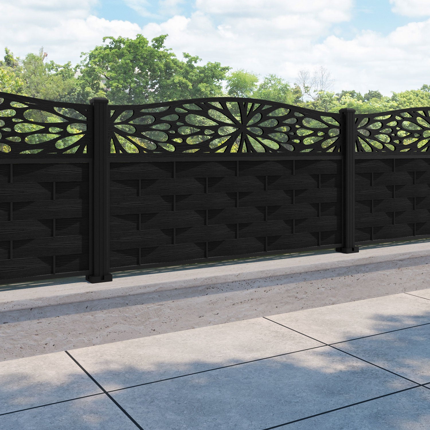 Ripple Blossom Curved Top Fence Panel - Black - with our aluminium posts
