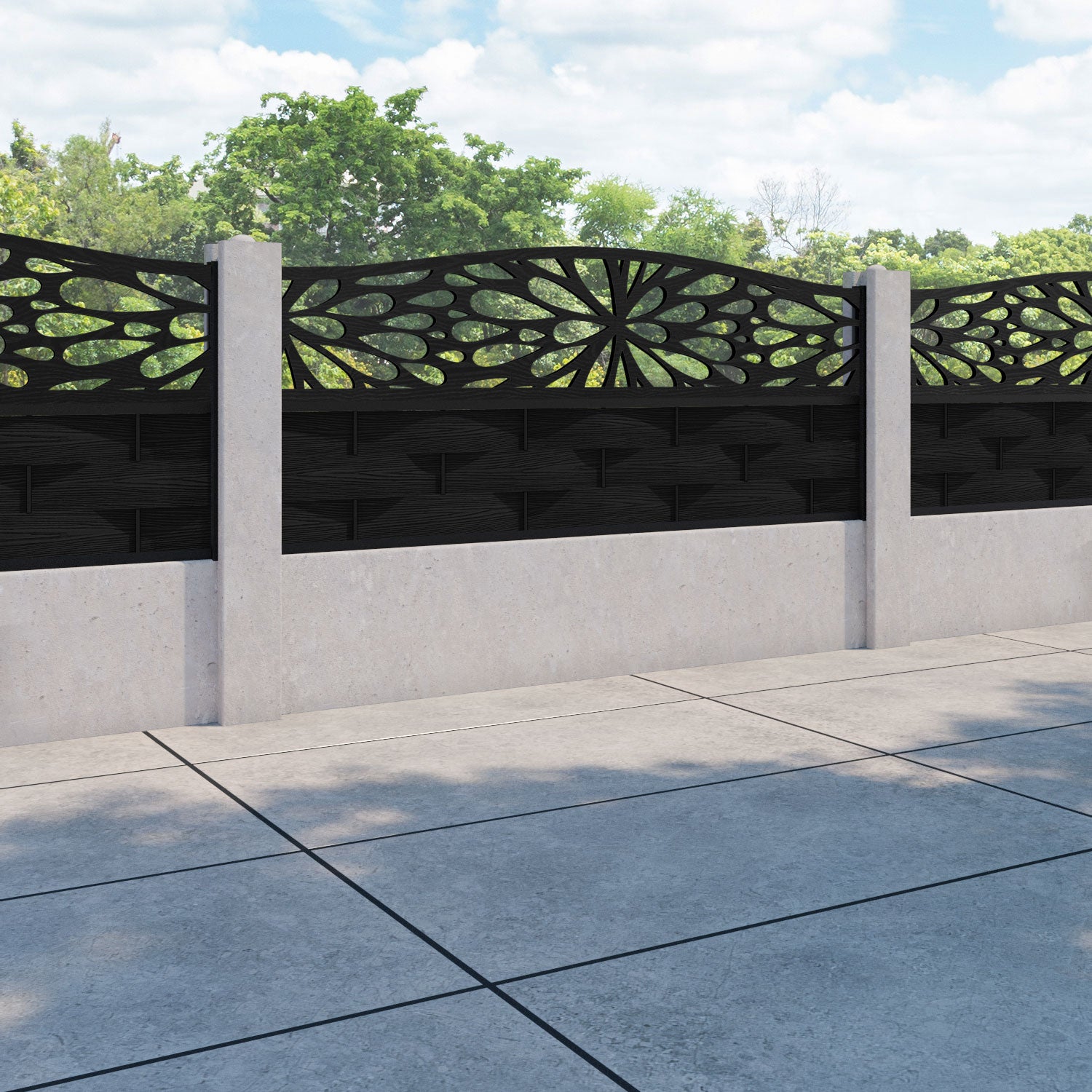 Ripple Blossom Curved Top Fence Panel - Black - for existing concrete posts