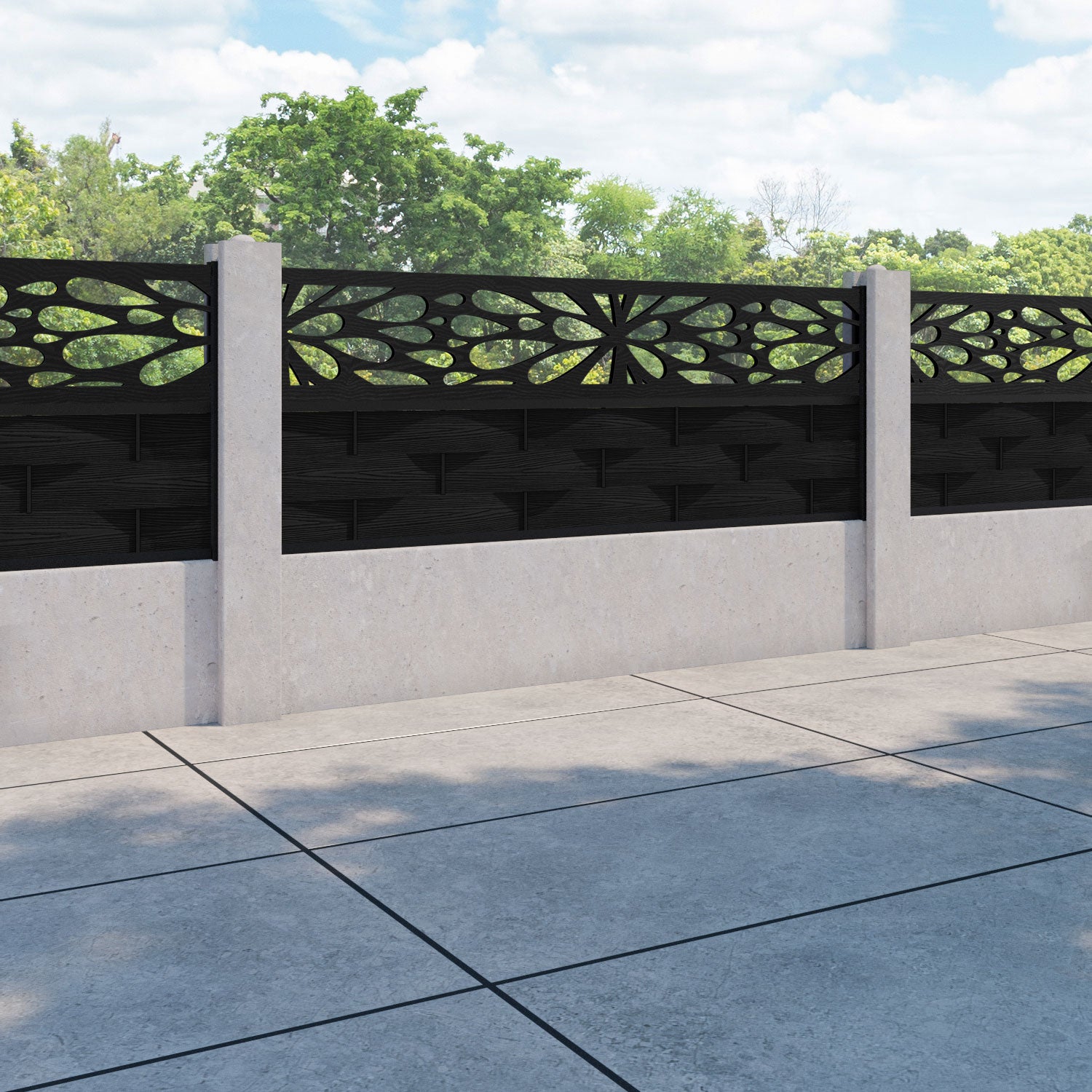 Ripple Blossom Fence Panel - Black - for existing concrete posts