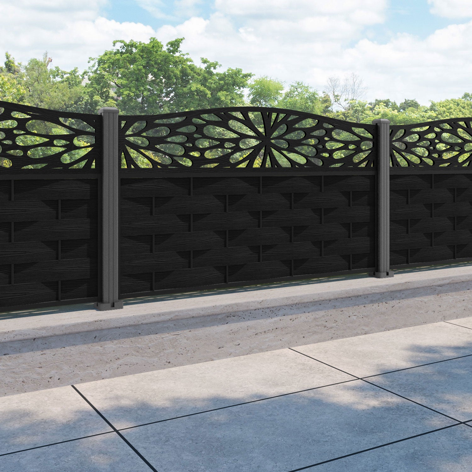 Ripple Blossom Curved Top Fence Panel - Black - with our aluminium posts