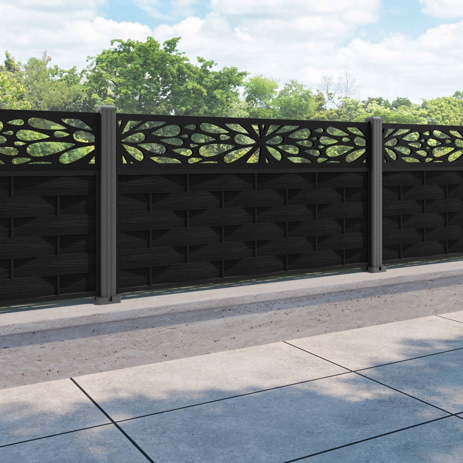Ripple Blossom Fence Panel - Black - with our aluminium posts