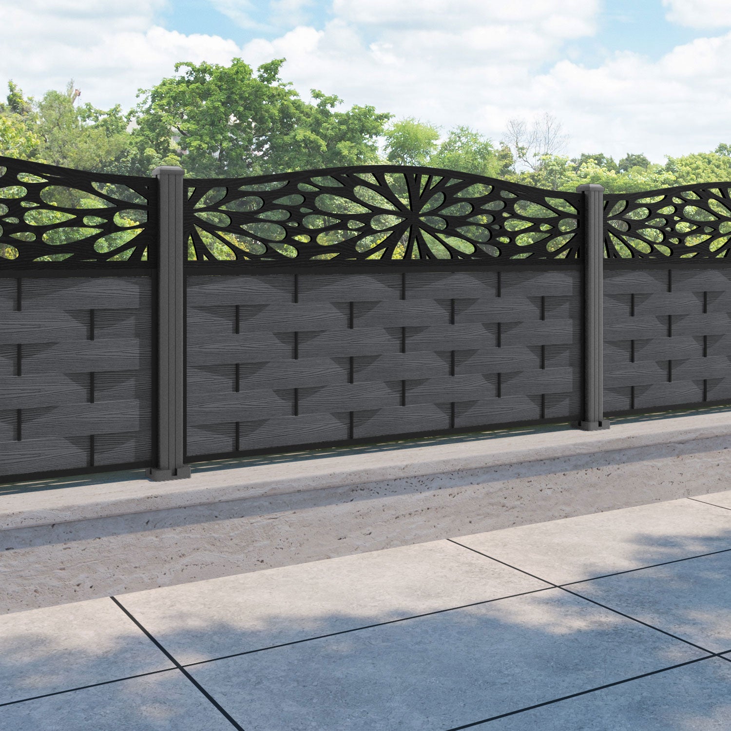 Ripple Blossom Curved Top Fence Panel - Dark Grey - with our aluminium posts
