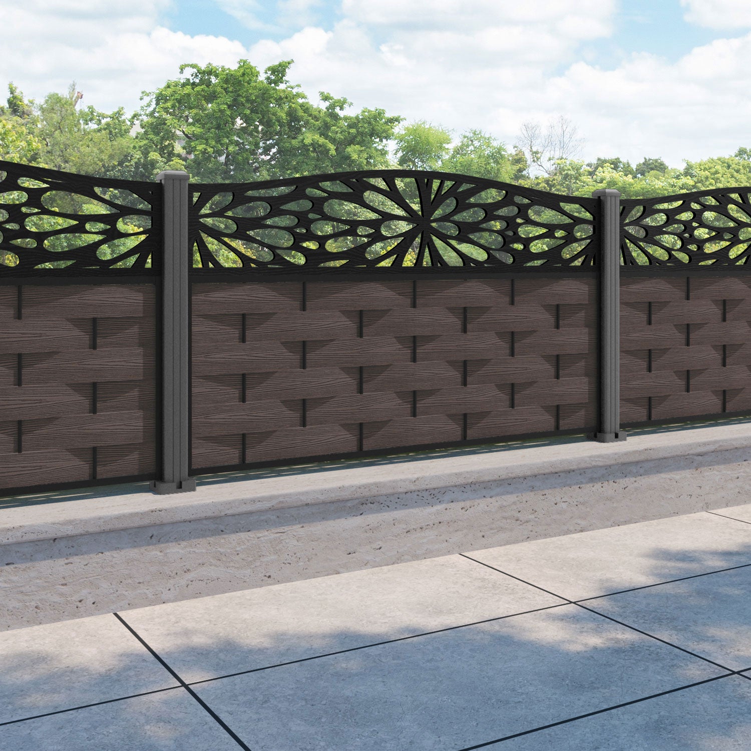 Ripple Blossom Curved Top Fence Panel - Mid Brown - with our aluminium posts