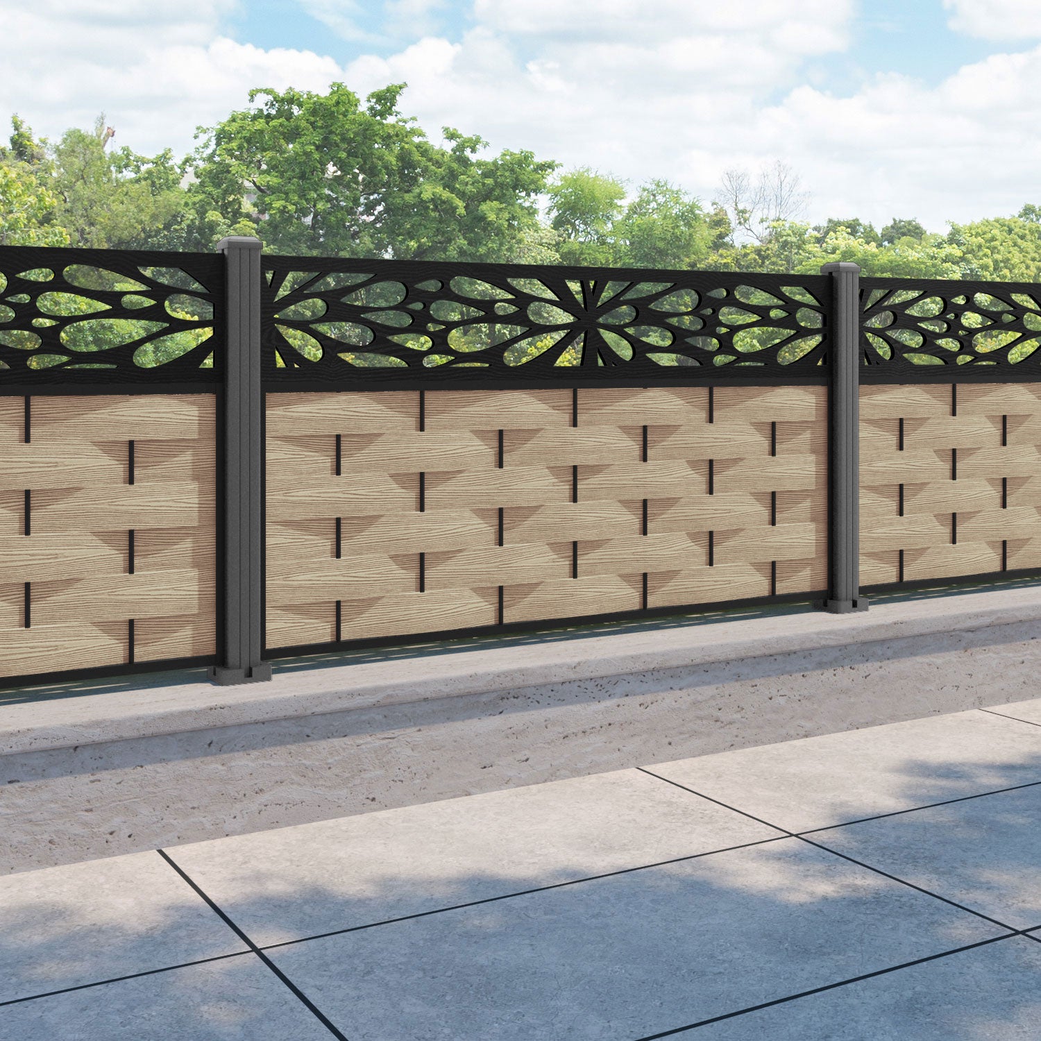 Ripple Blossom Fence Panel - Light Oak - with our aluminium posts