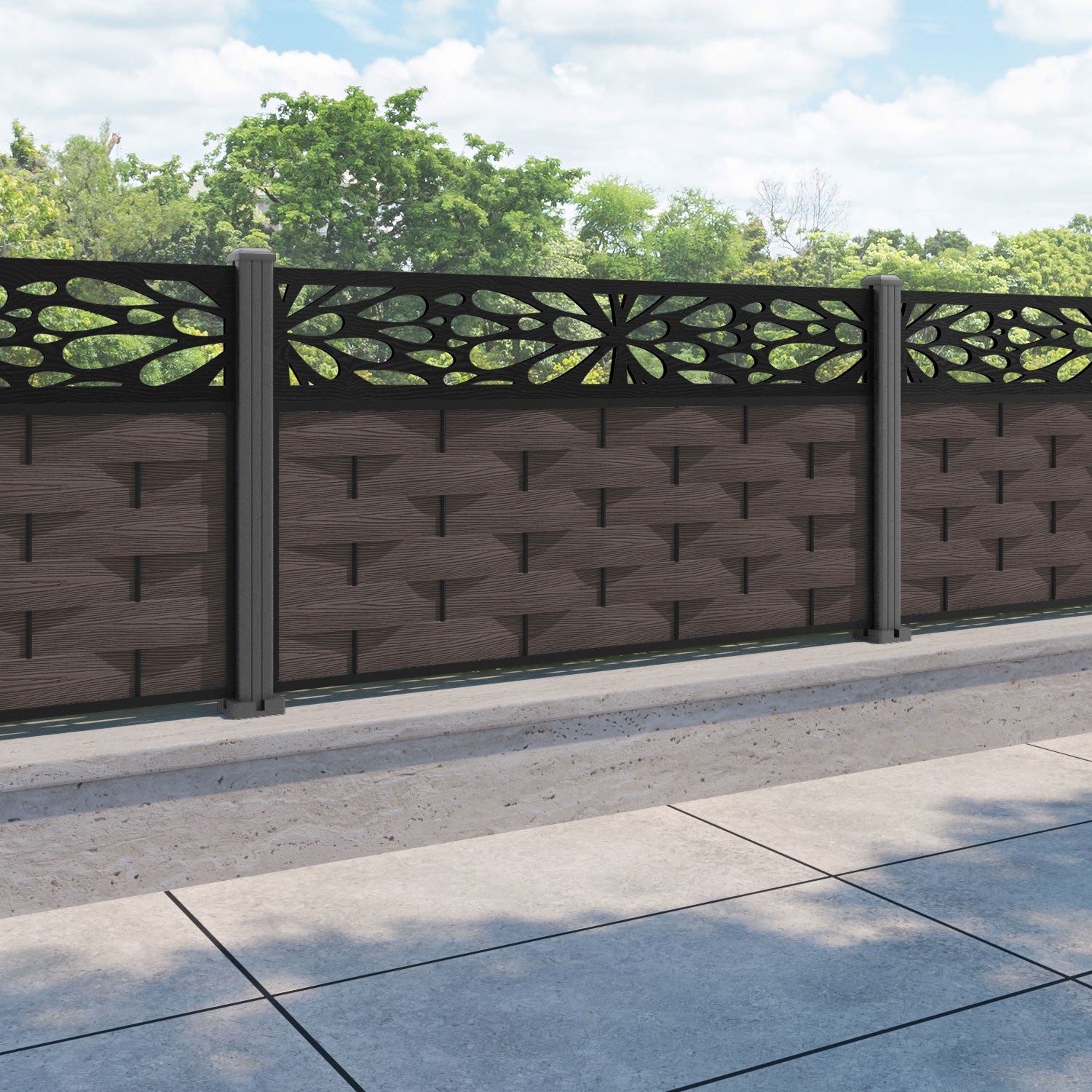 Ripple Blossom Fence Panel - Mid Brown - with our aluminium posts
