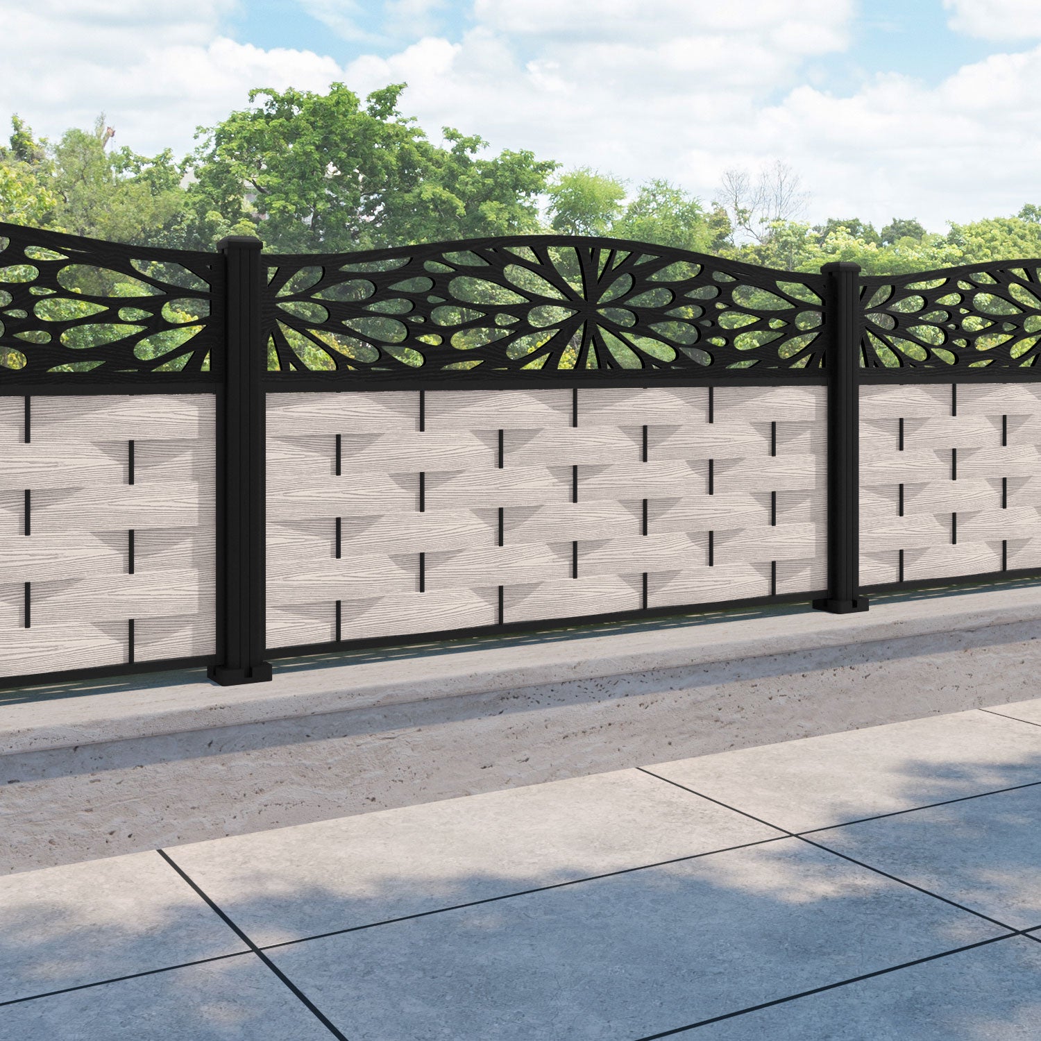 Ripple Blossom Curved Top Fence Panel - Mid Stone - with our aluminium posts