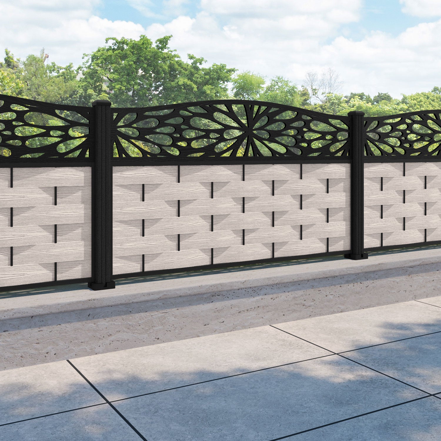 Ripple Blossom Curved Top Fence Panel - Mid Stone - with our composite posts