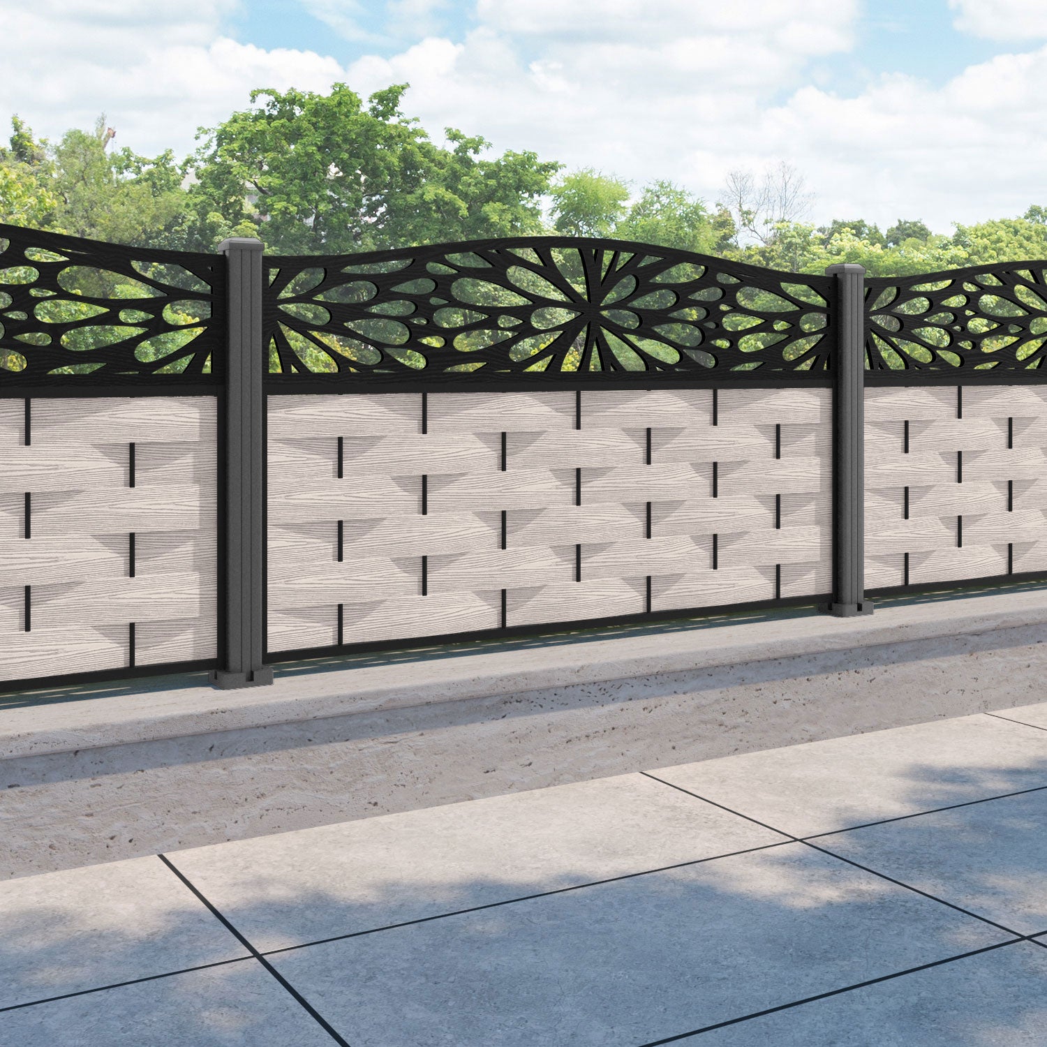 Ripple Blossom Curved Top Fence Panel - Mid Stone - with our aluminium posts