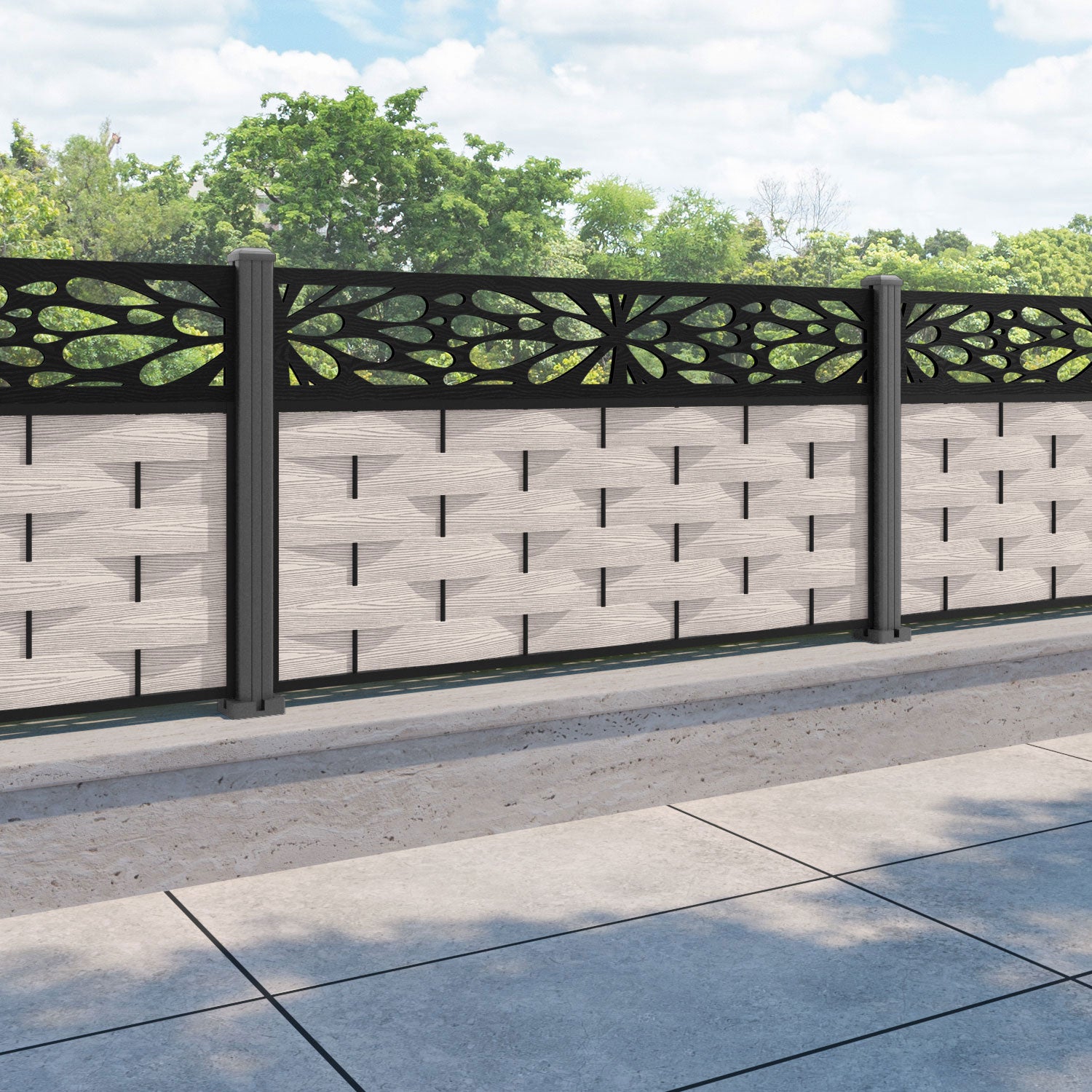 Ripple Blossom Fence Panel - Mid Stone - with our aluminium posts