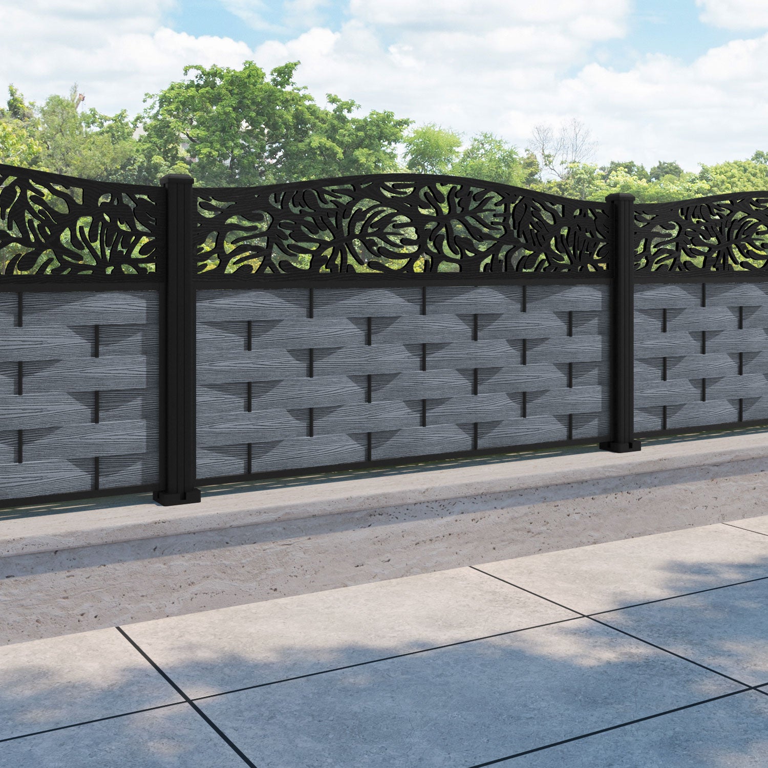 Ripple Botanic Curved Top Fence Panel - Anthracite - with our aluminium posts