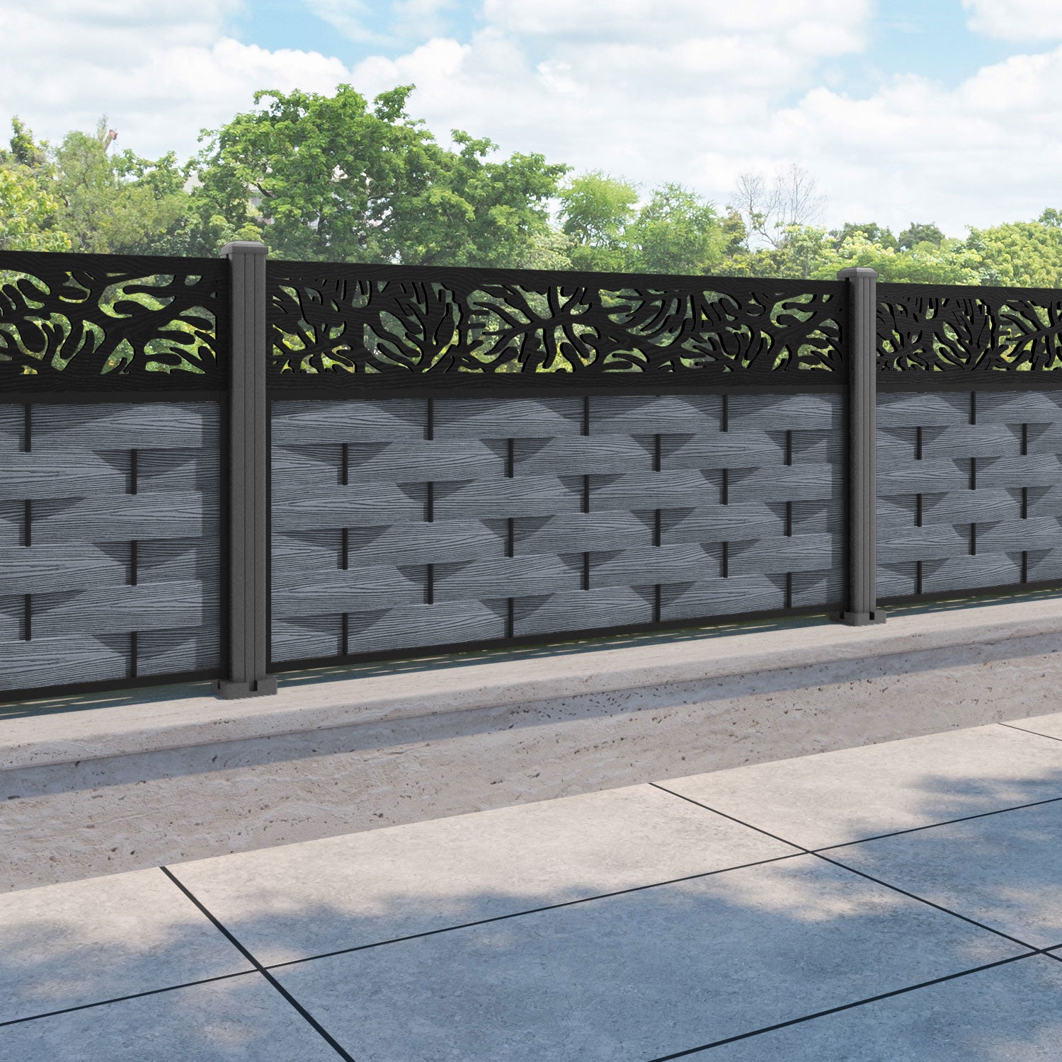 Ripple Botanic Fence Panel - Anthracite - with our aluminium posts
