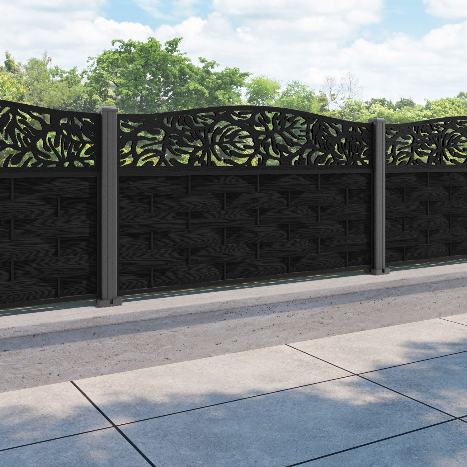 Ripple Botanic Curved Top Fence Panel - Black - with our aluminium posts