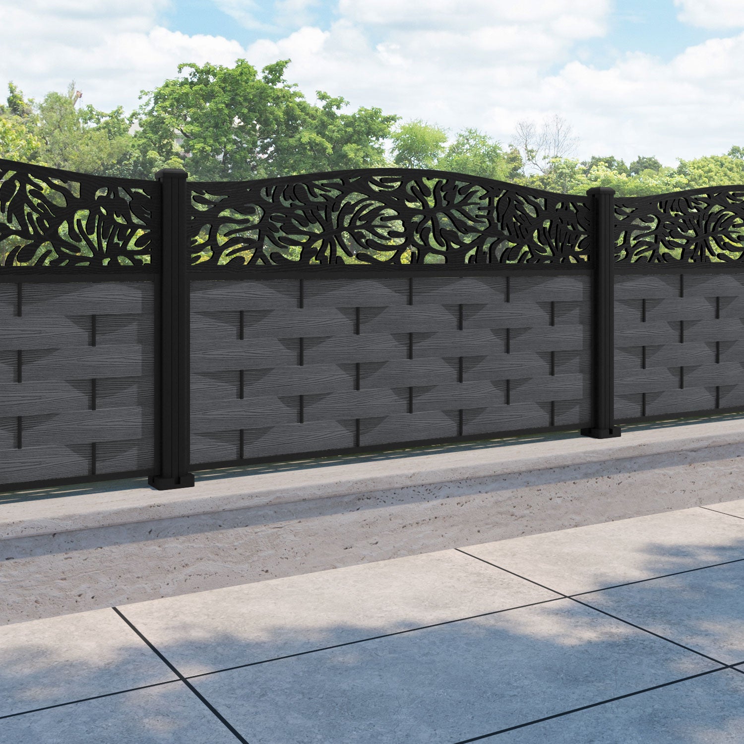 Ripple Botanic Curved Top Fence Panel - Dark Grey - with our aluminium posts