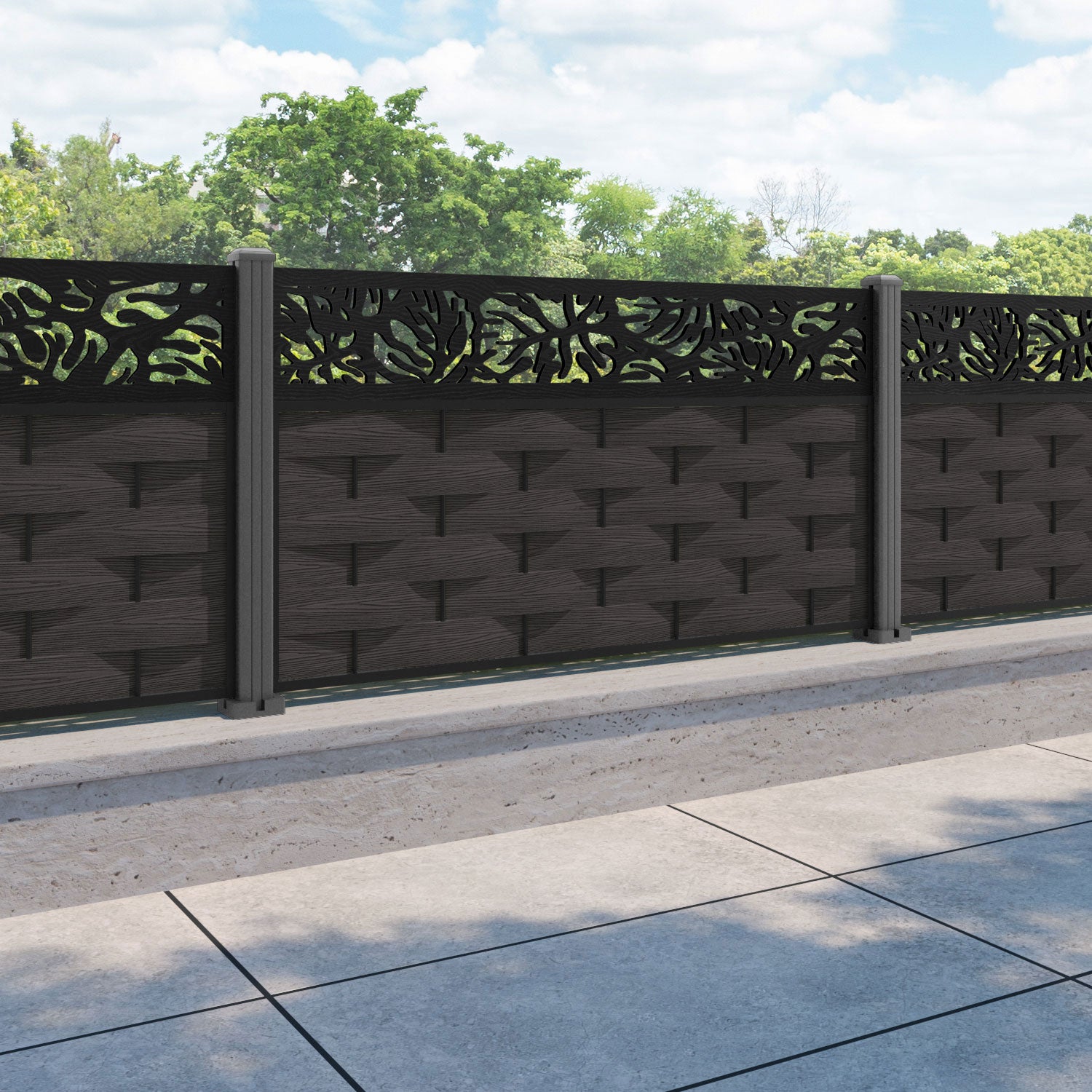 Ripple Botanic Fence Panel - Dark Oak - with our aluminium posts