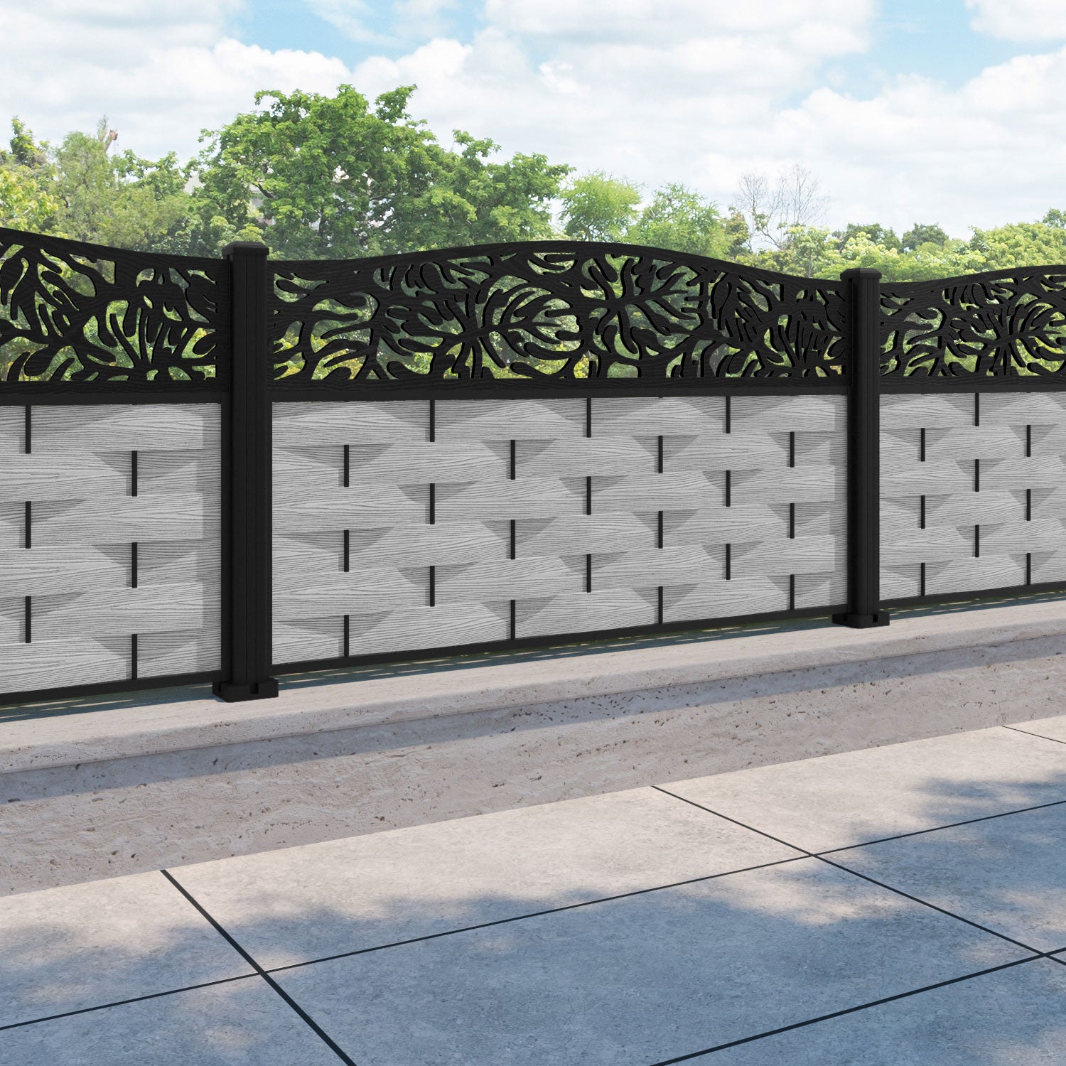 Ripple Botanic Curved Top Fence Panel - Light Grey - with our aluminium posts