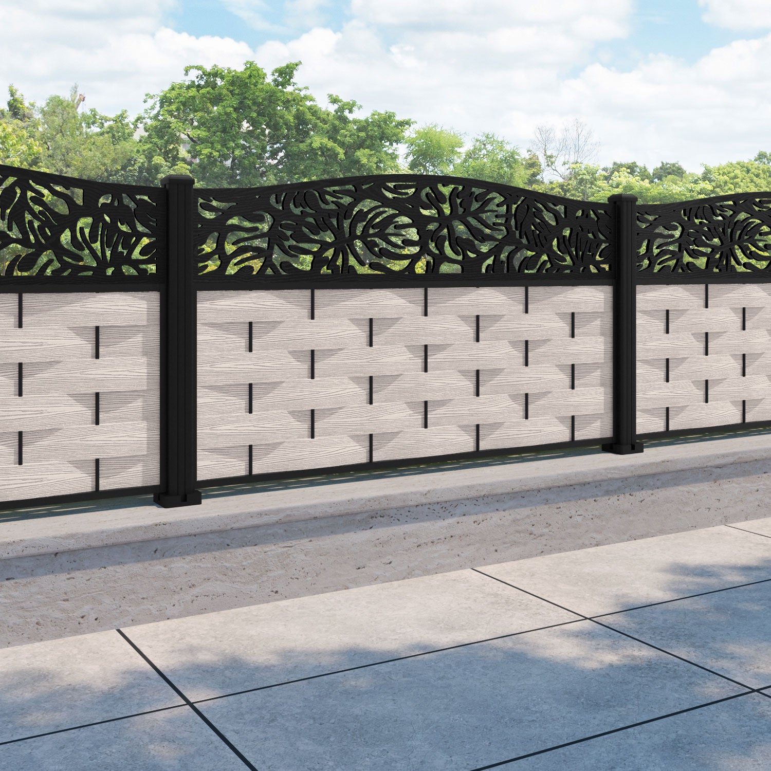 Ripple Botanic Curved Top Fence Panel - Mid Stone - with our aluminium posts