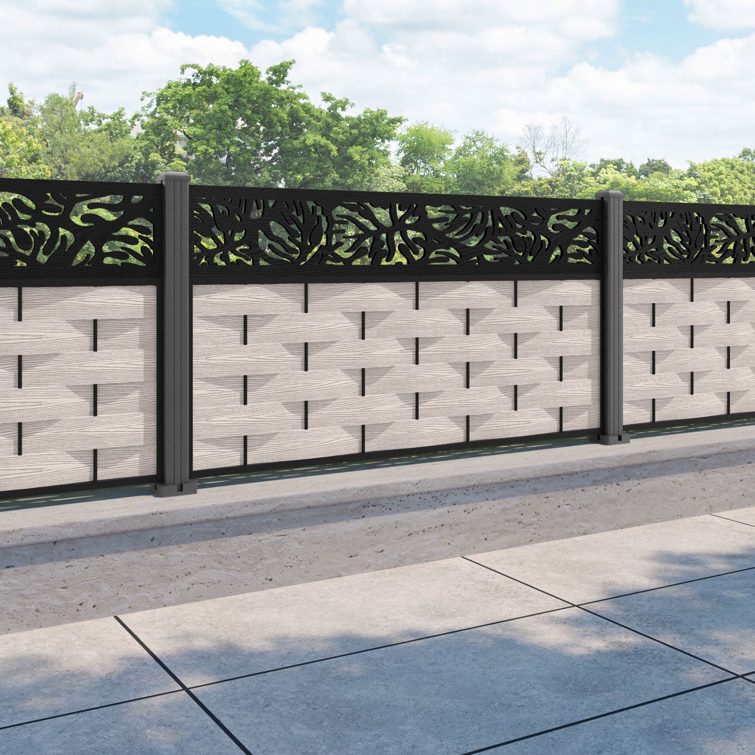 Ripple Botanic Fence Panel - Mid Stone - with our aluminium posts