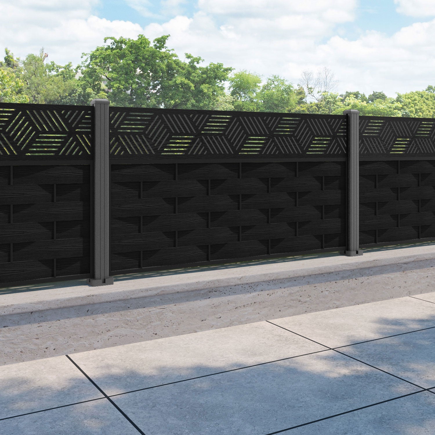 Ripple Cubed Fence Panel - Black - with our aluminium posts