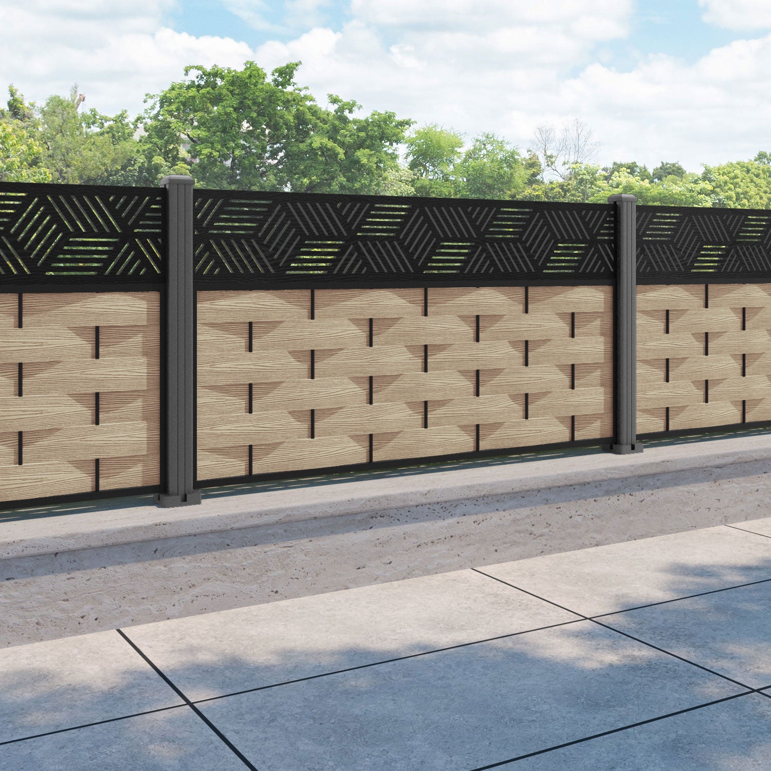 Ripple Cubed Fence Panel - Light Oak - with our aluminium posts