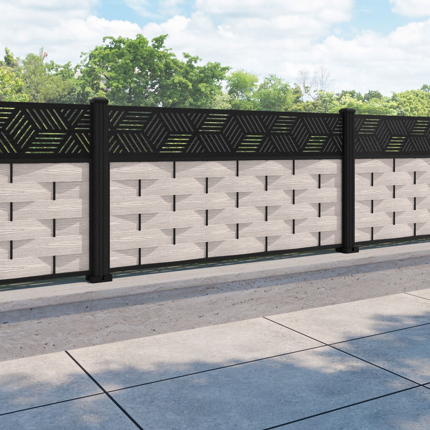 Ripple Cubed Fence Panel - Mid Stone - with our composite posts