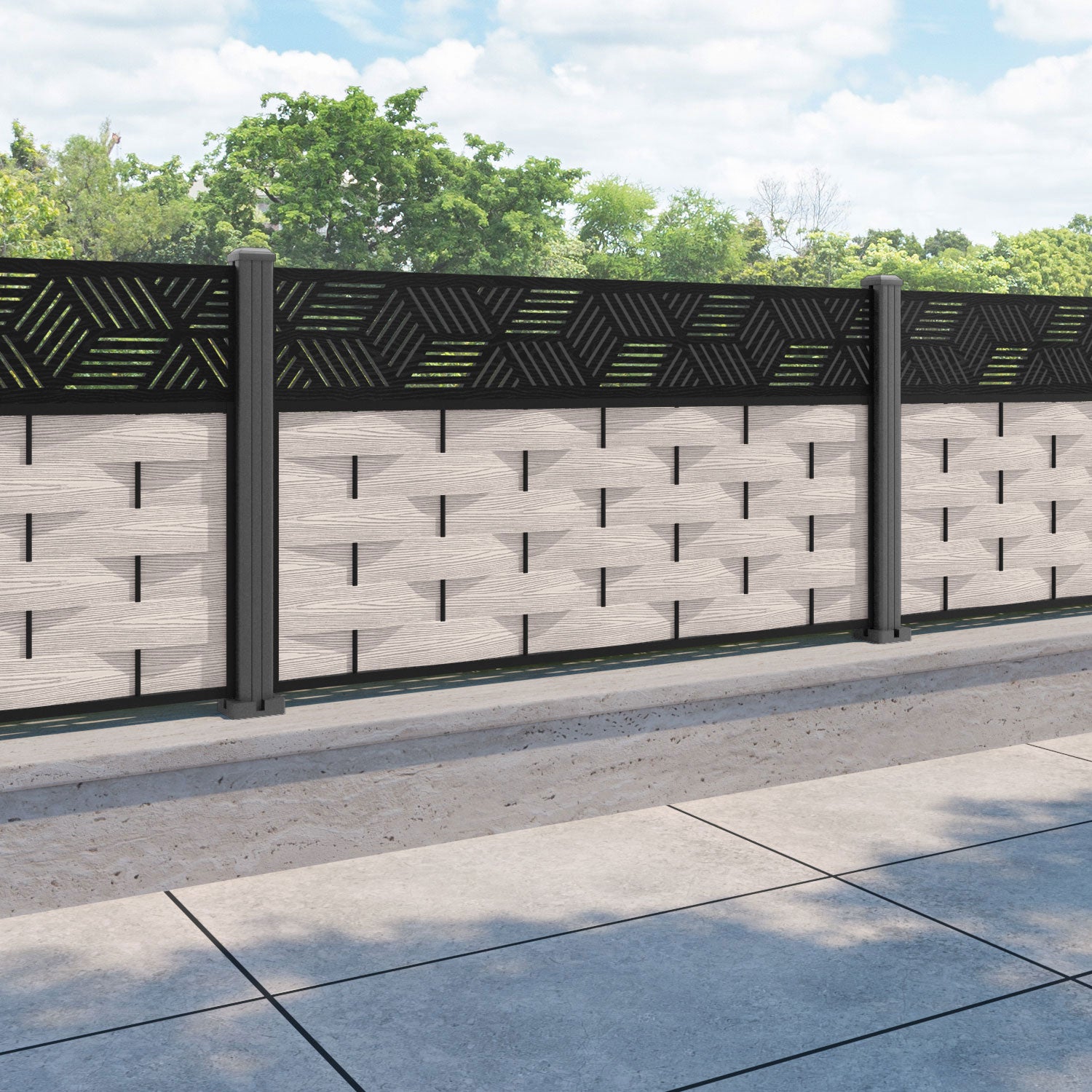 Ripple Cubed Fence Panel - Mid Stone - with our aluminium posts