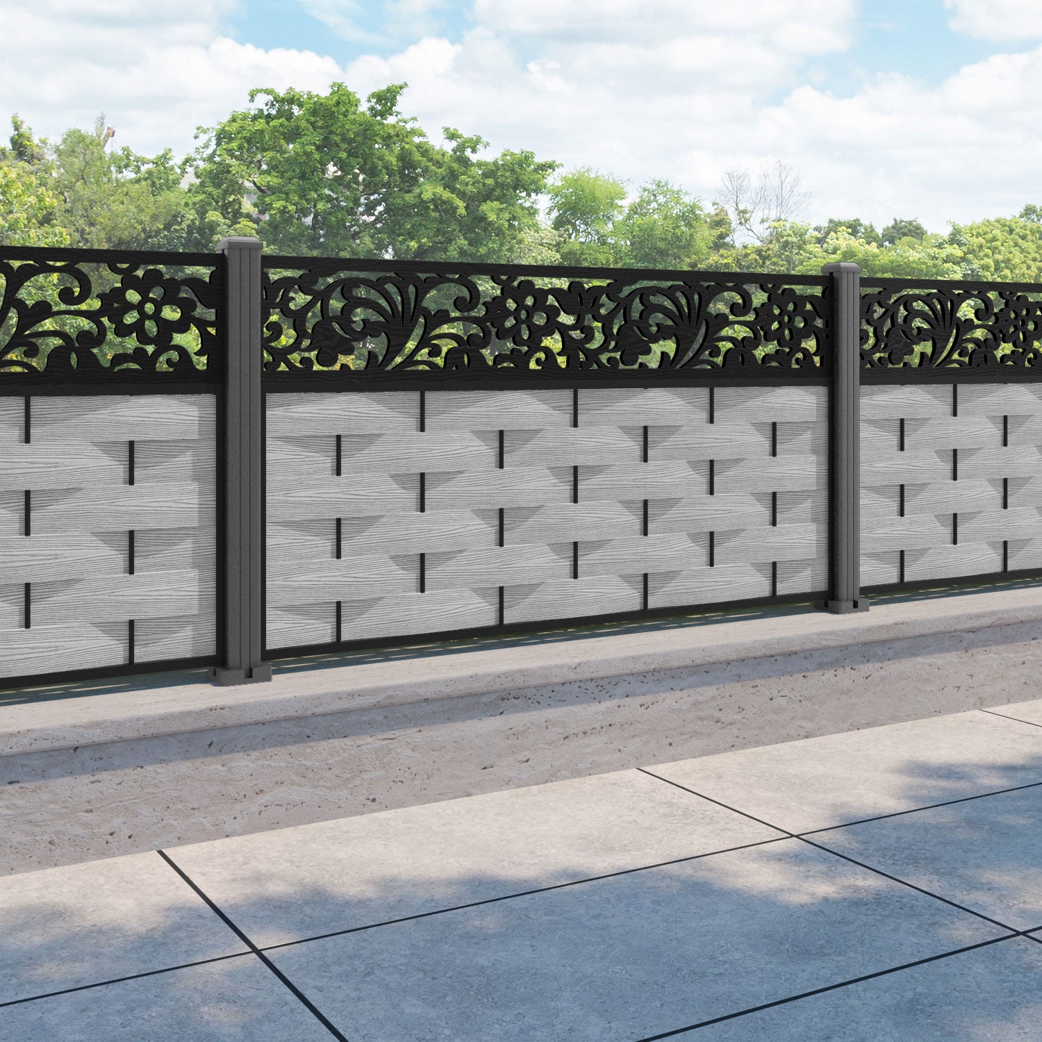 Ripple Eden Fence Panel - Light Grey - with our aluminium posts