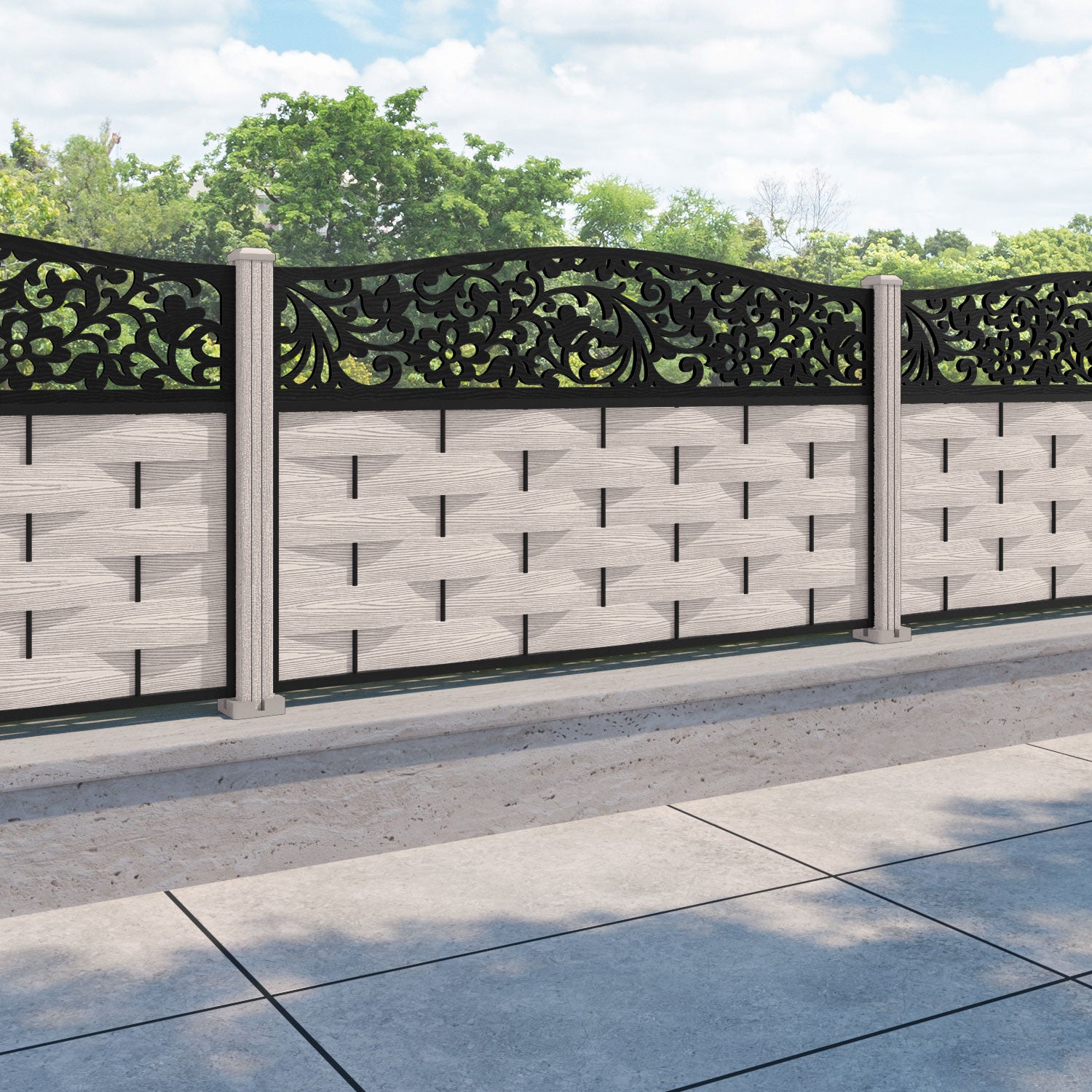 Ripple Eden Curved Top Fence Panel - Mid Stone - with our composite posts