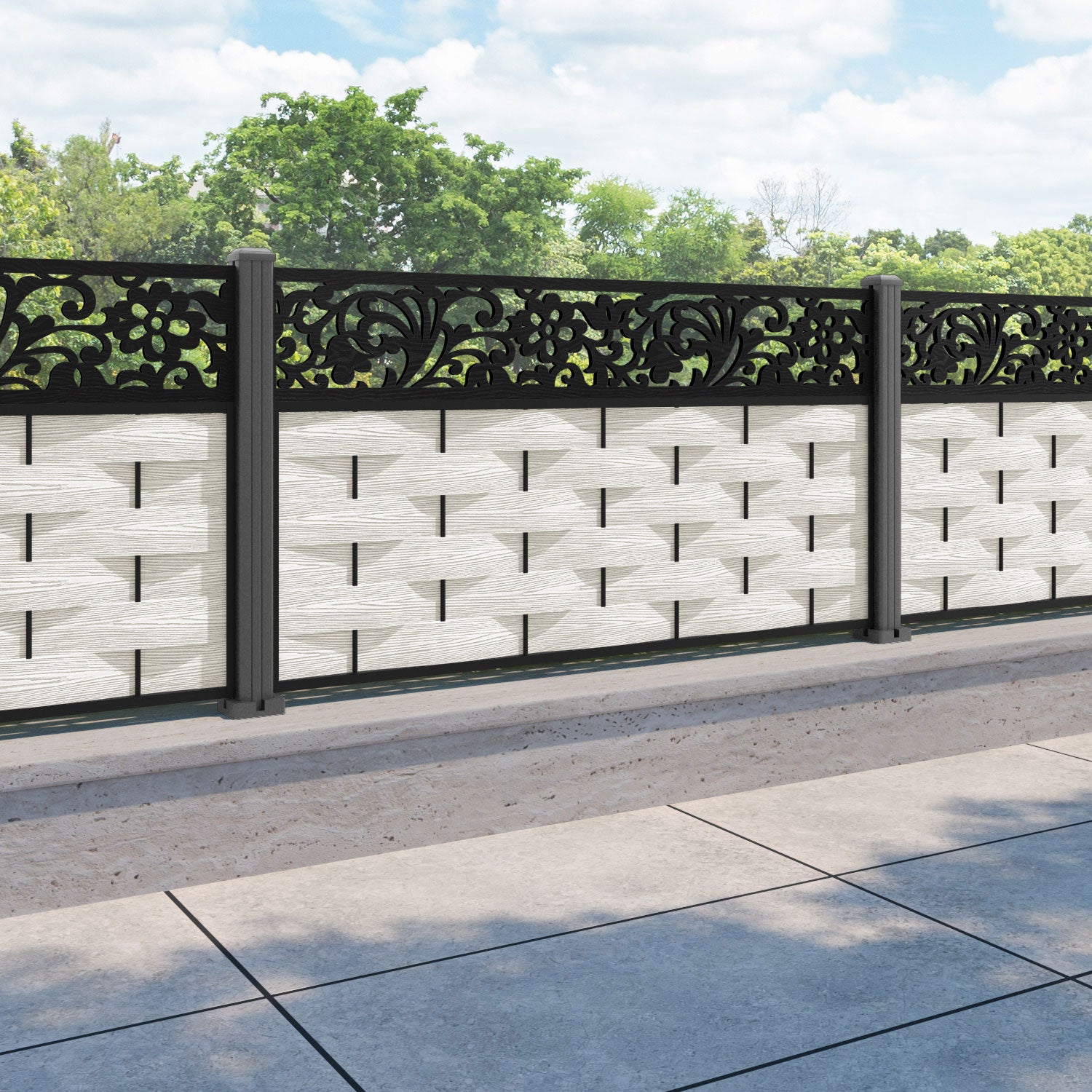 Ripple Eden Fence Panel - Light Stone - with our aluminium posts