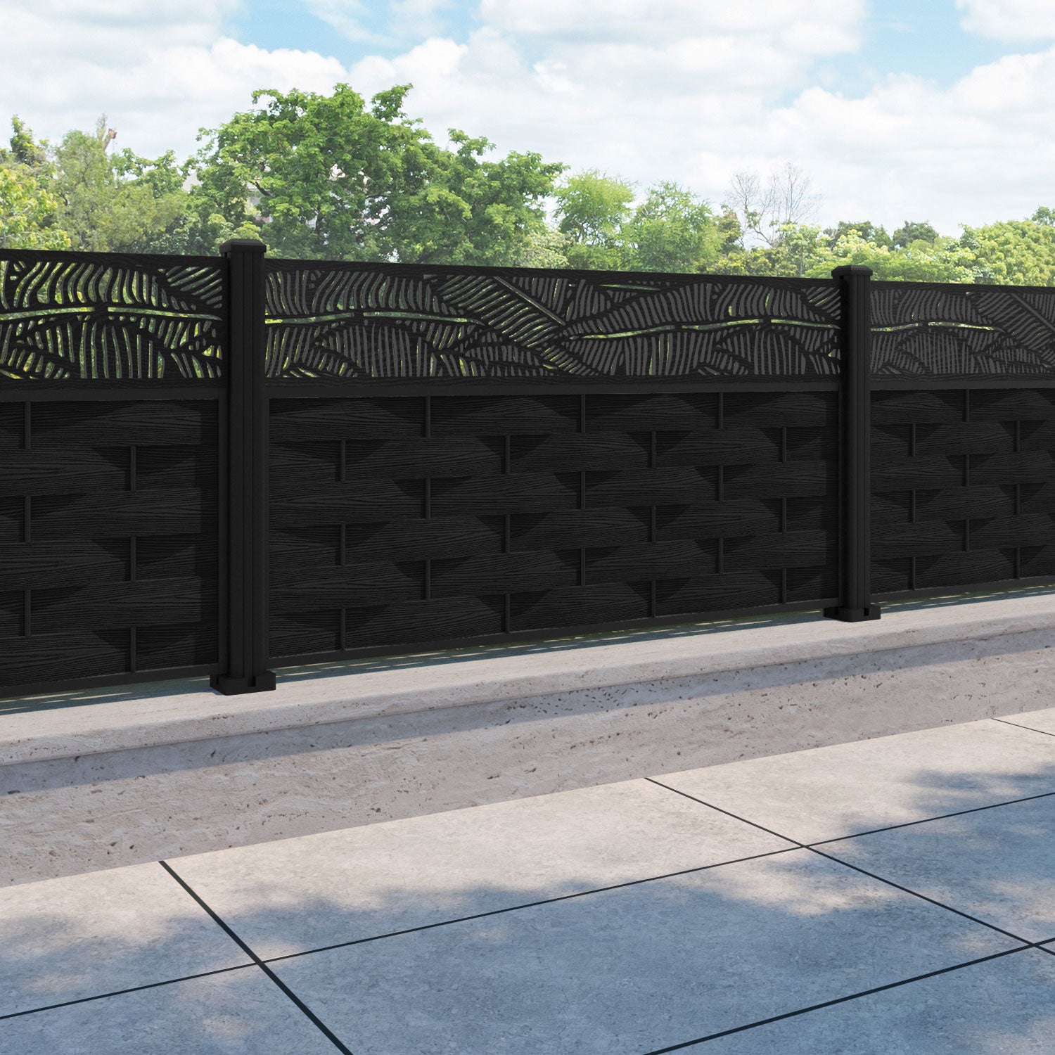 Ripple Feather Fence Panel - Black - with our aluminium posts