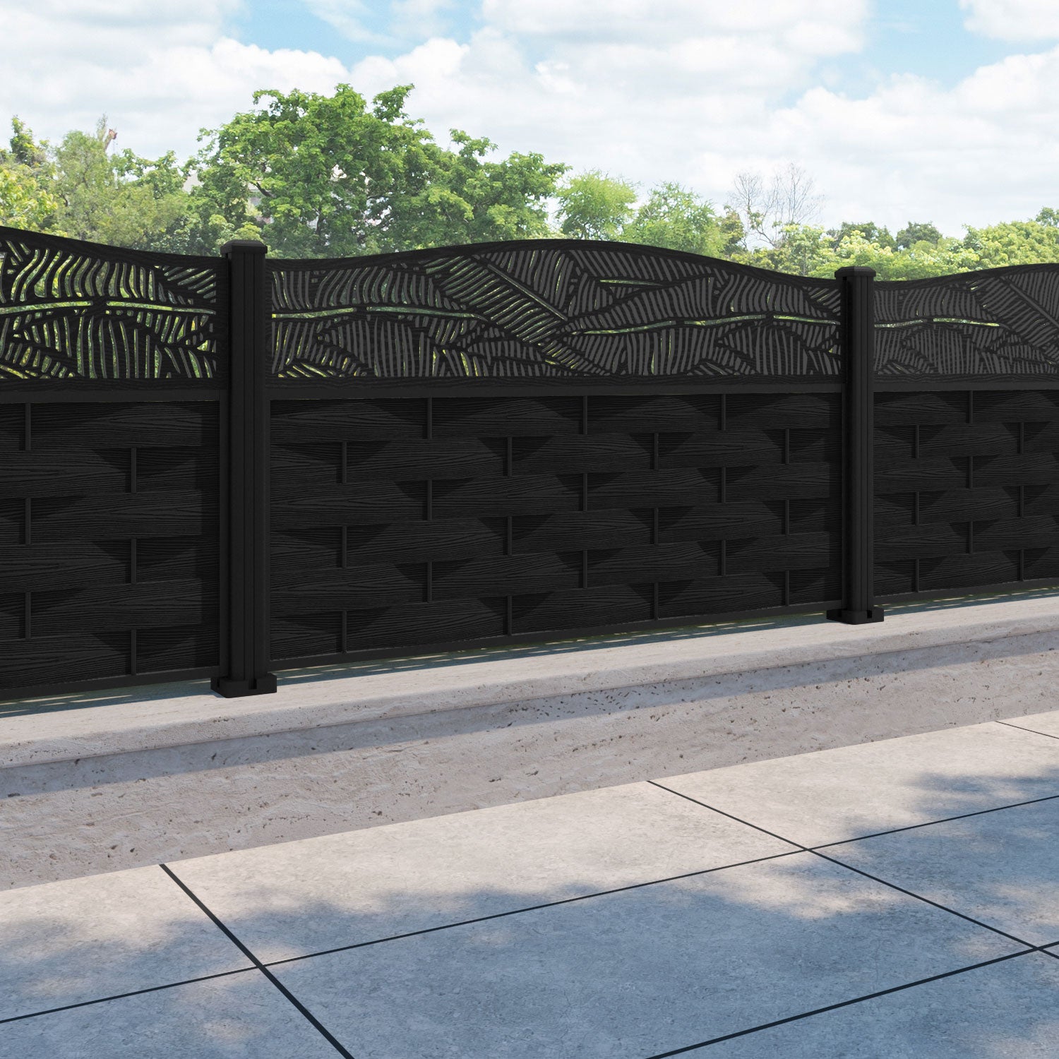 Ripple Feather Curved Top Fence Panel - Black - with our aluminium posts