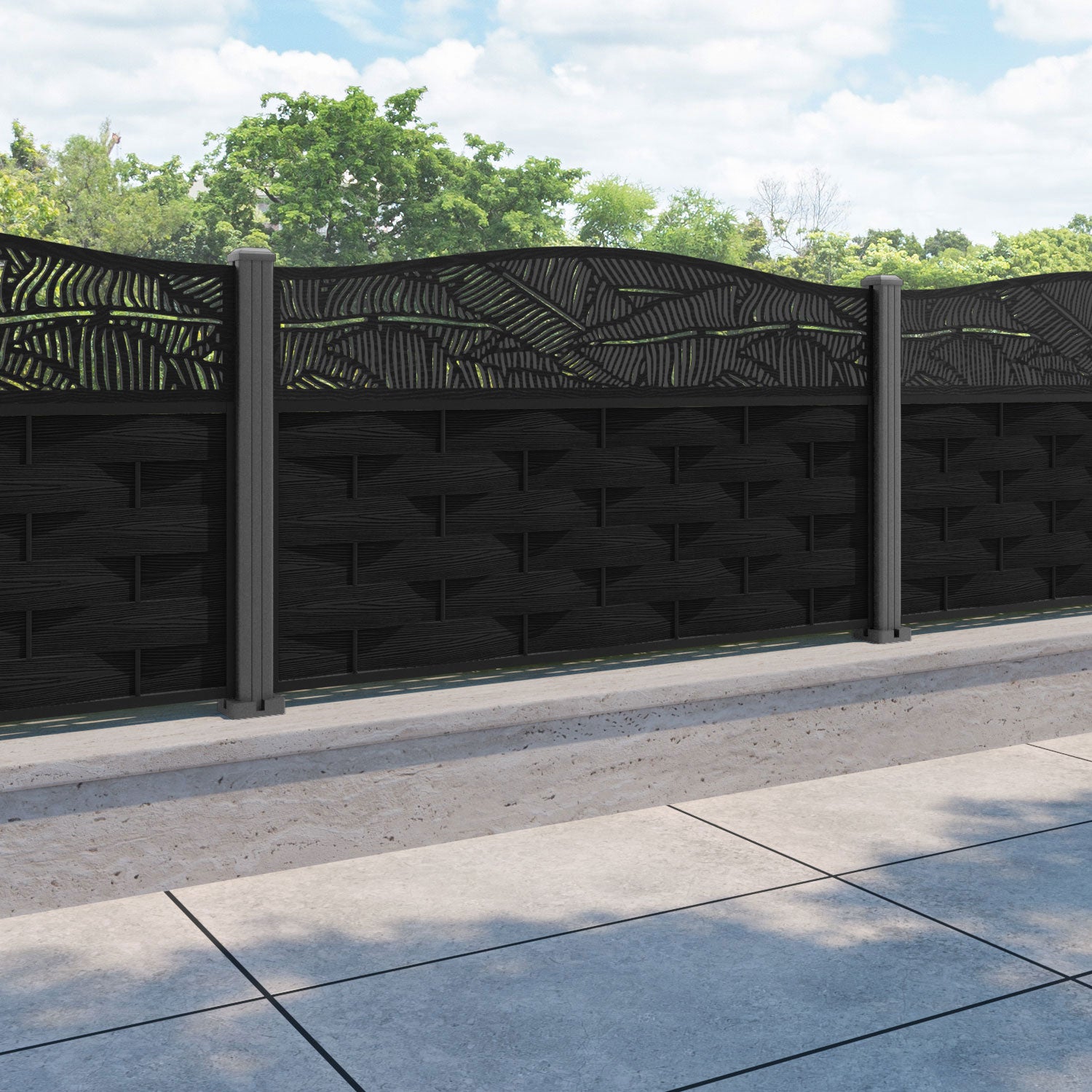 Ripple Feather Curved Top Fence Panel - Black - with our aluminium posts