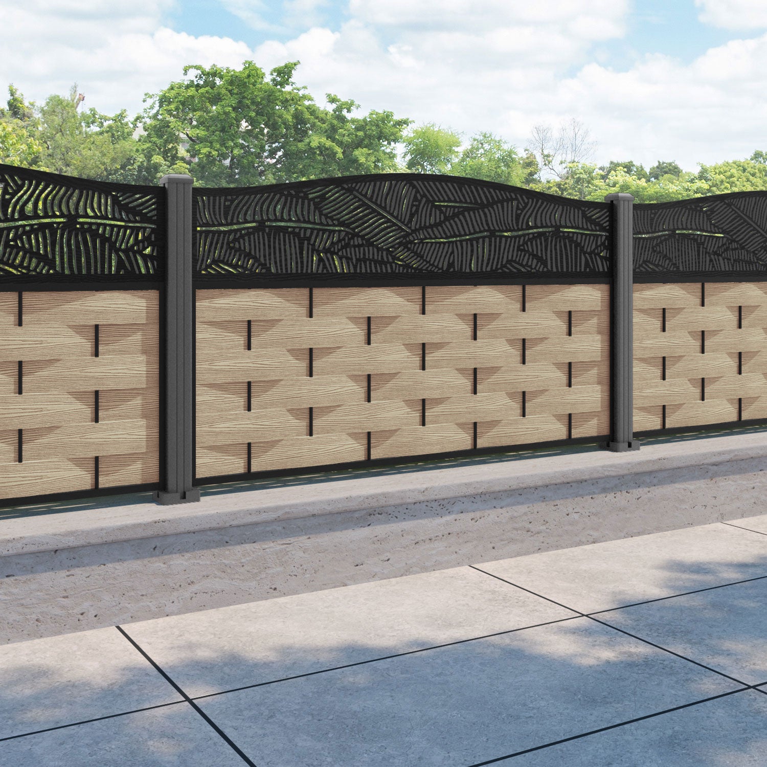 Ripple Feather Curved Top Fence Panel - Light Oak - with our aluminium posts