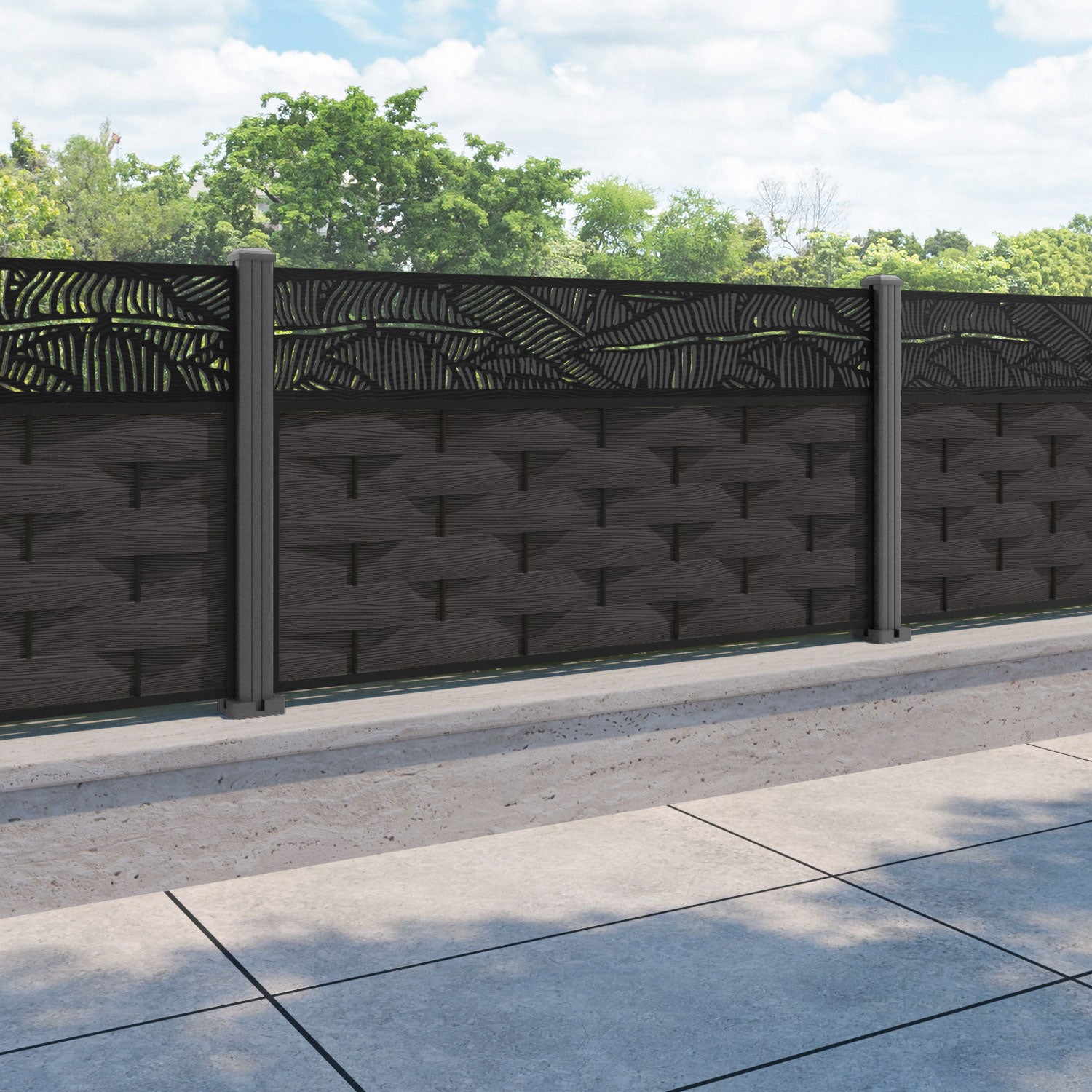 Ripple Feather Fence Panel - Dark Oak - with our aluminium posts