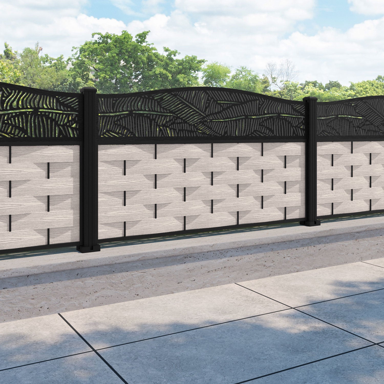 Ripple Feather Curved Top Fence Panel - Mid Stone - with our aluminium posts