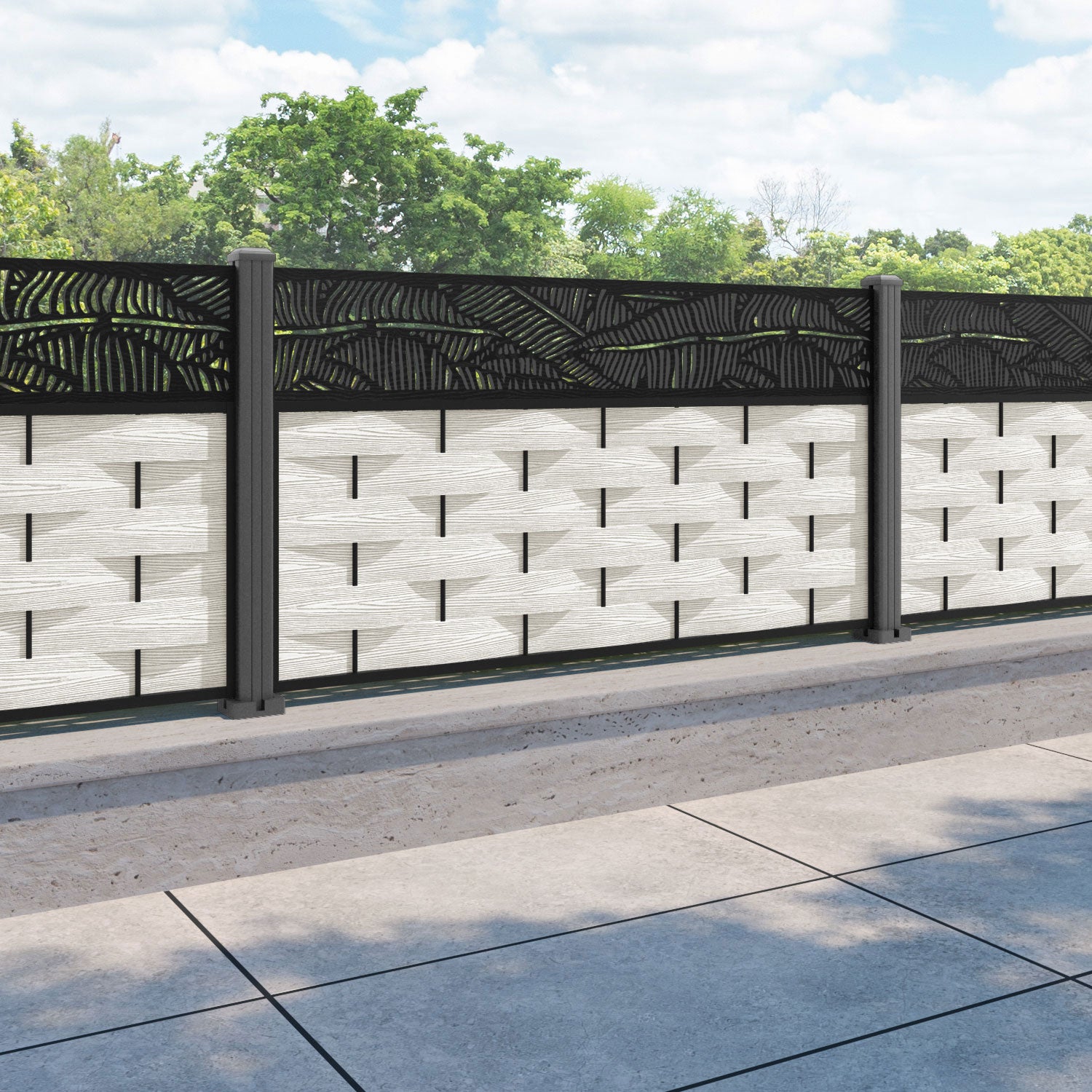 Ripple Feather Fence Panel - Light Stone - with our aluminium posts