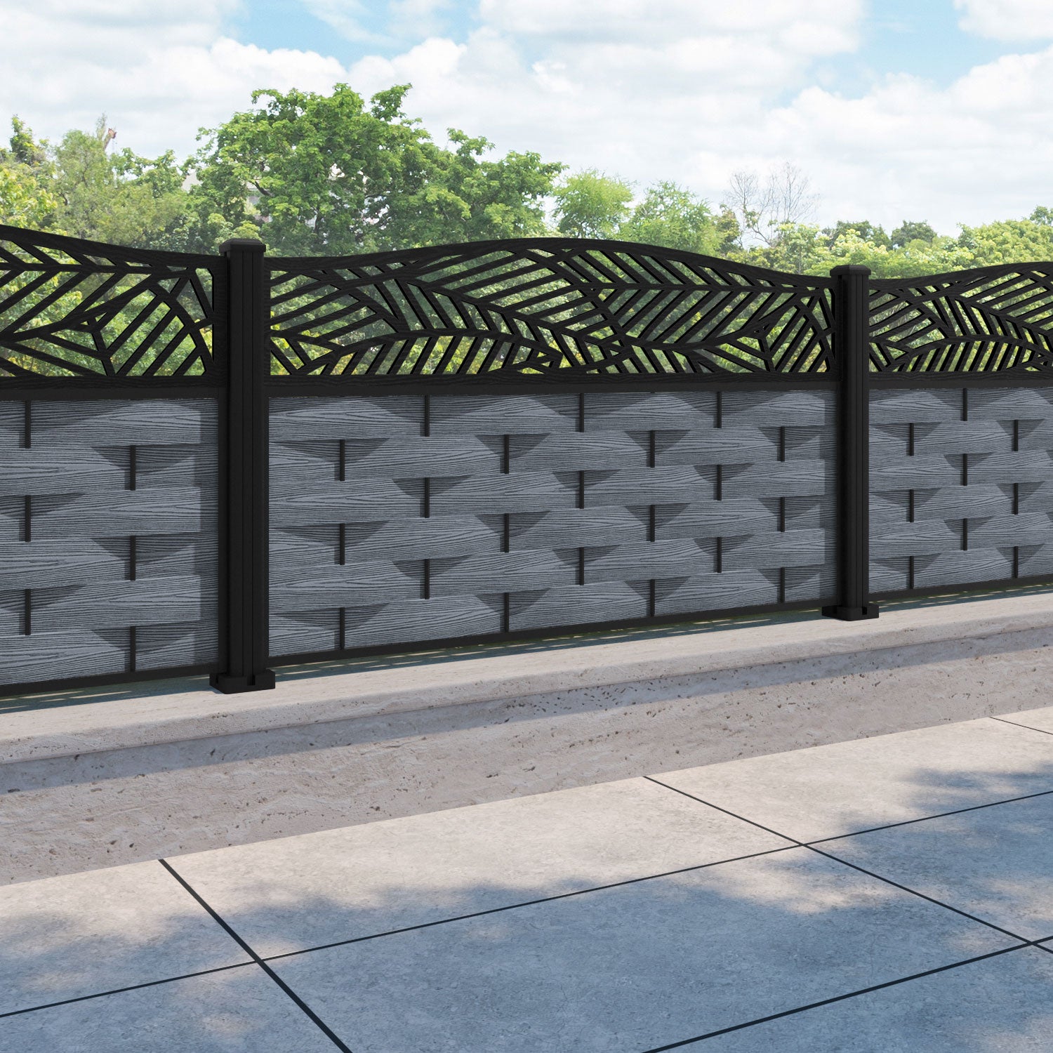 Ripple Habitat Curved Top Fence Panel - Anthracite - with our aluminium posts